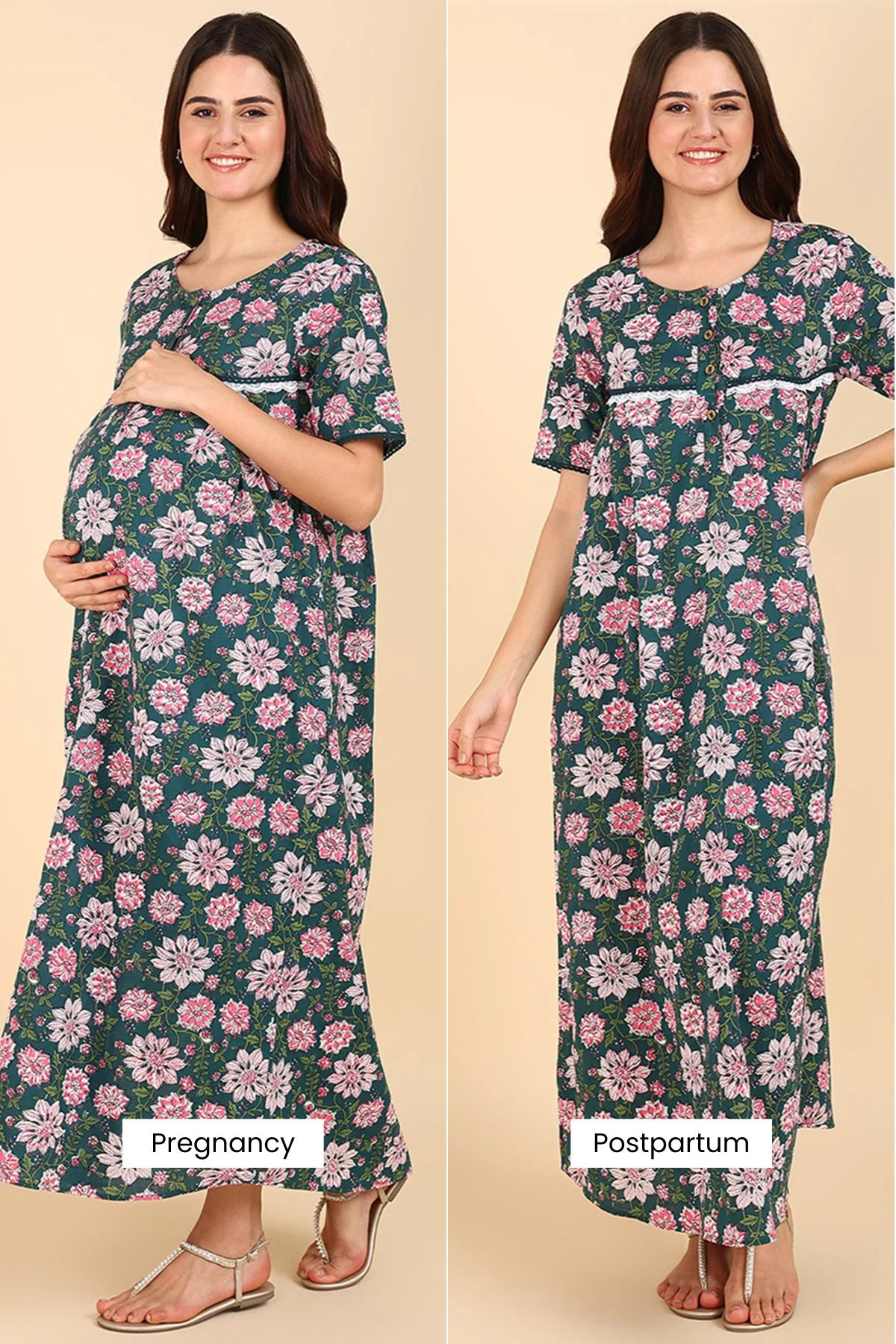 Green Floral Printed 100% Soft Cotton Zipless Maternity Maxi - Image 3