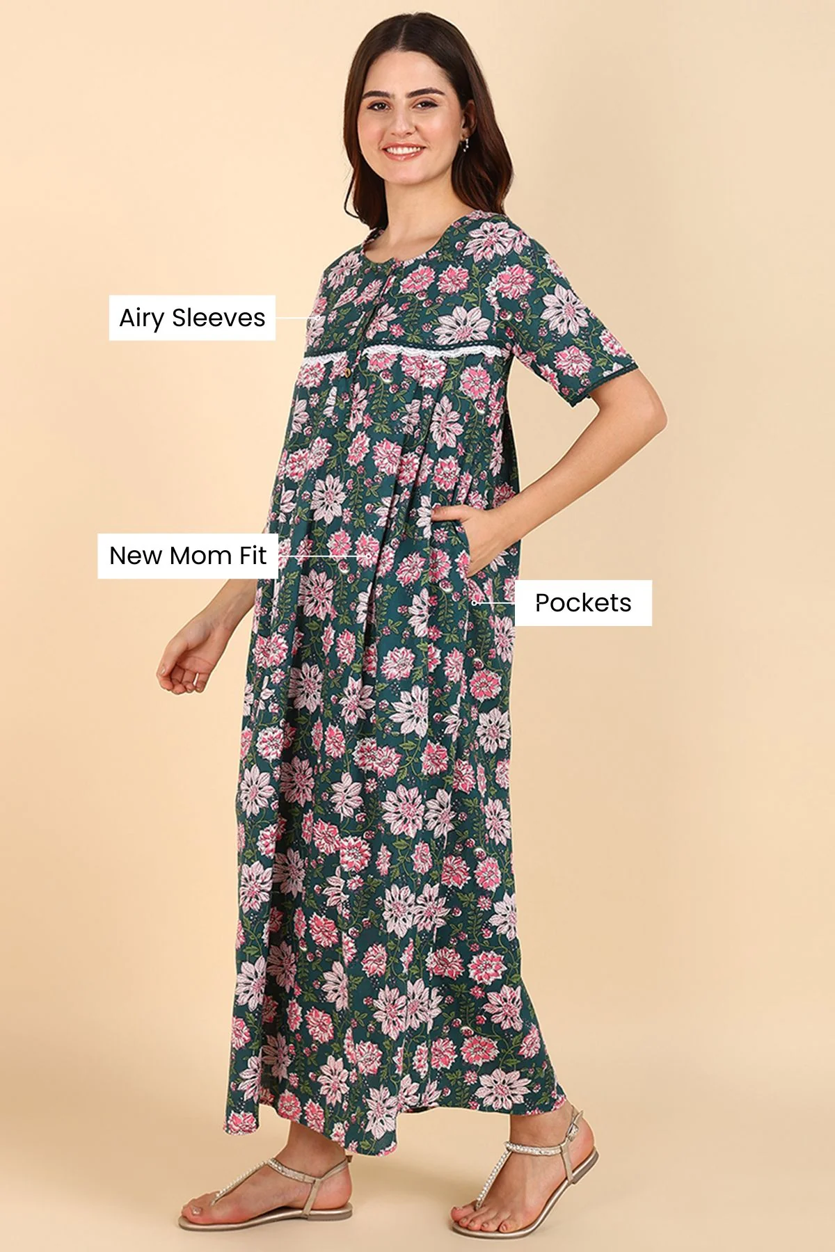 Green Floral Printed 100% Soft Cotton Zipless Maternity Maxi - Image 4