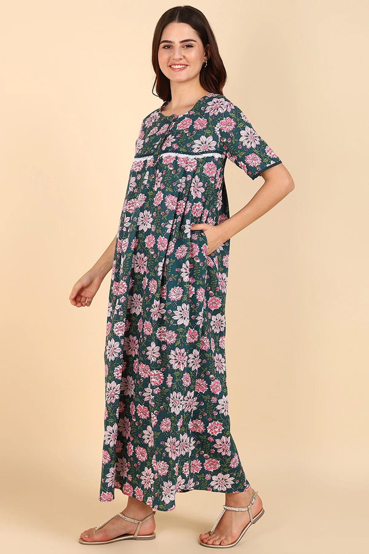 Green Floral Printed 100% Soft Cotton Zipless Maternity Maxi - Image 5