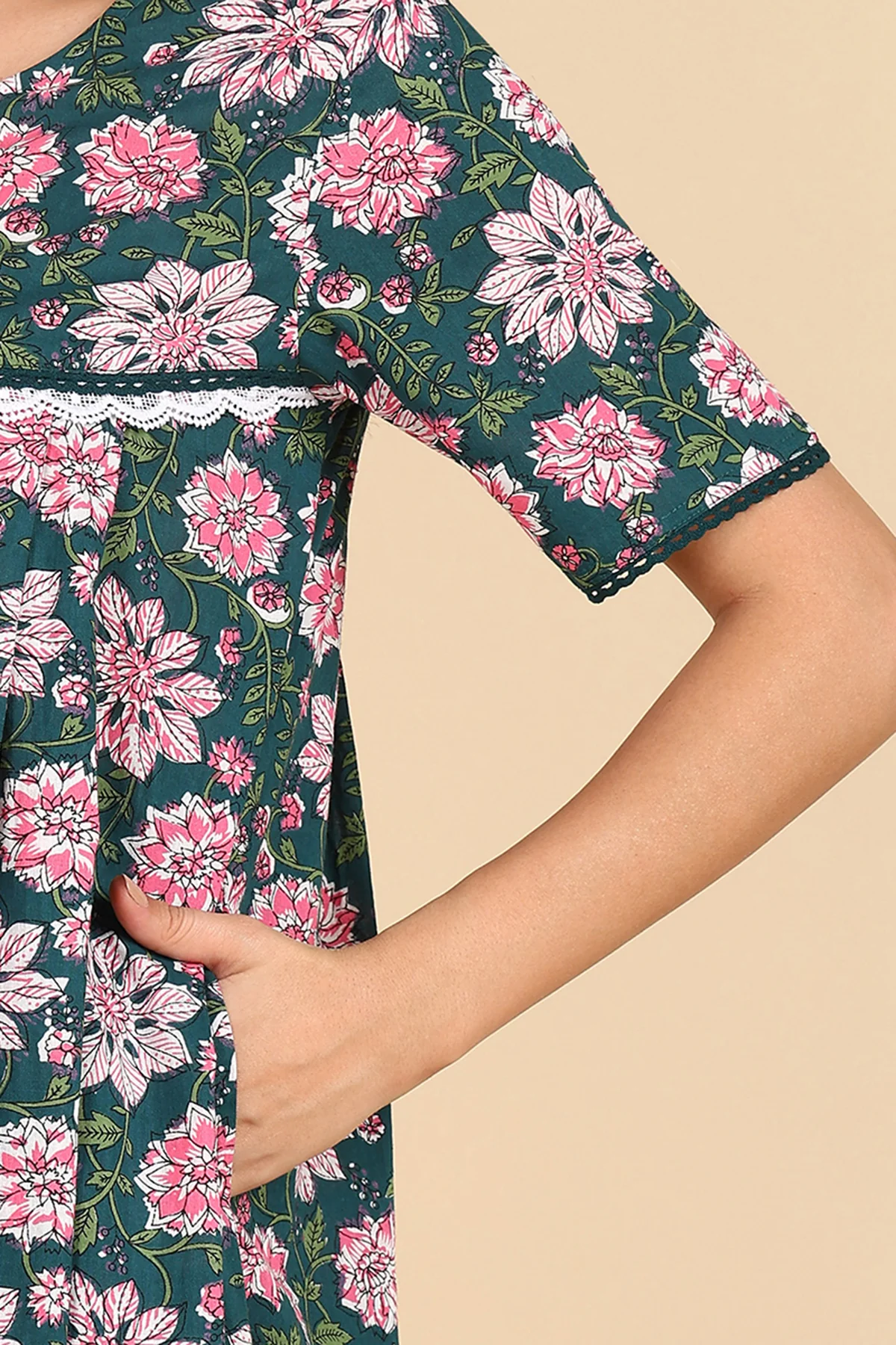 Green Floral Printed 100% Soft Cotton Zipless Maternity Maxi - Image 8