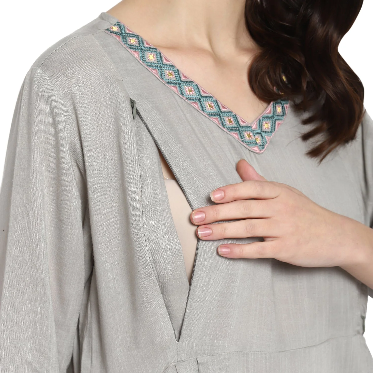 Grey embroidery Feeding Dress - Image 4
