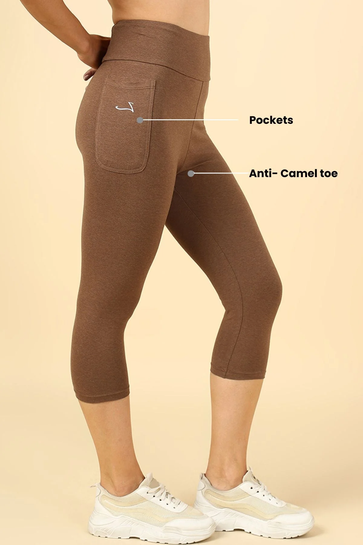 High Waist Melange Brown Mom Capri - Image 4