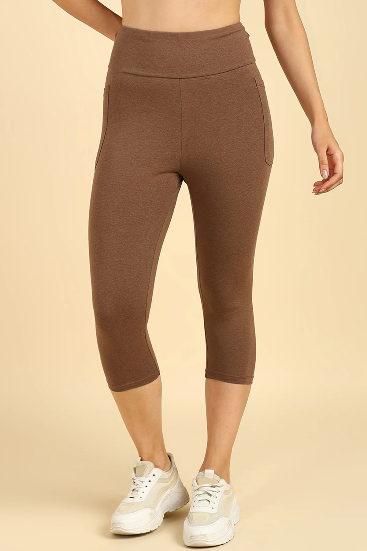 High Waist Melange Brown Mom Capri - Image 7