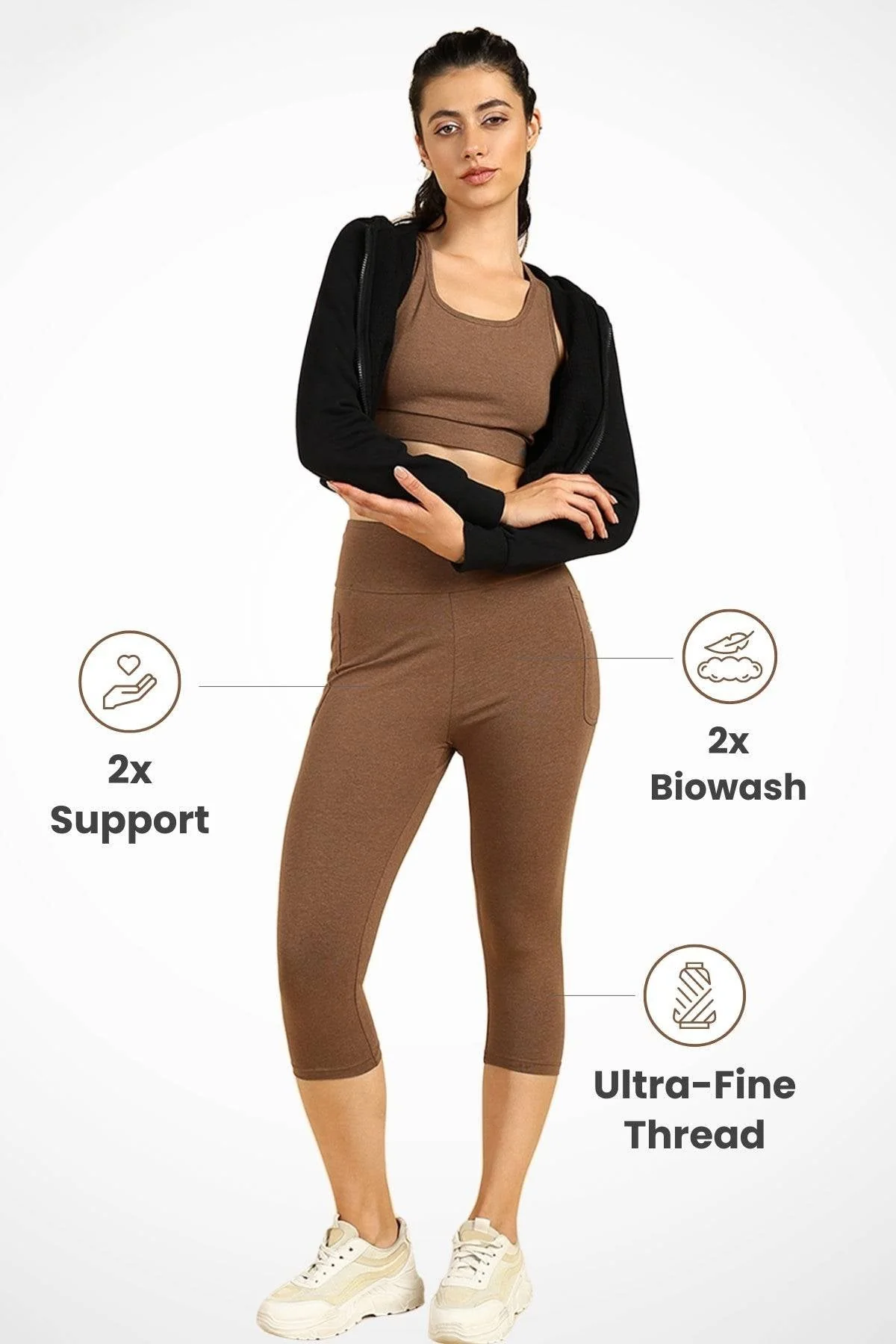 High Waist Melange Brown Mom Capri - Image 9