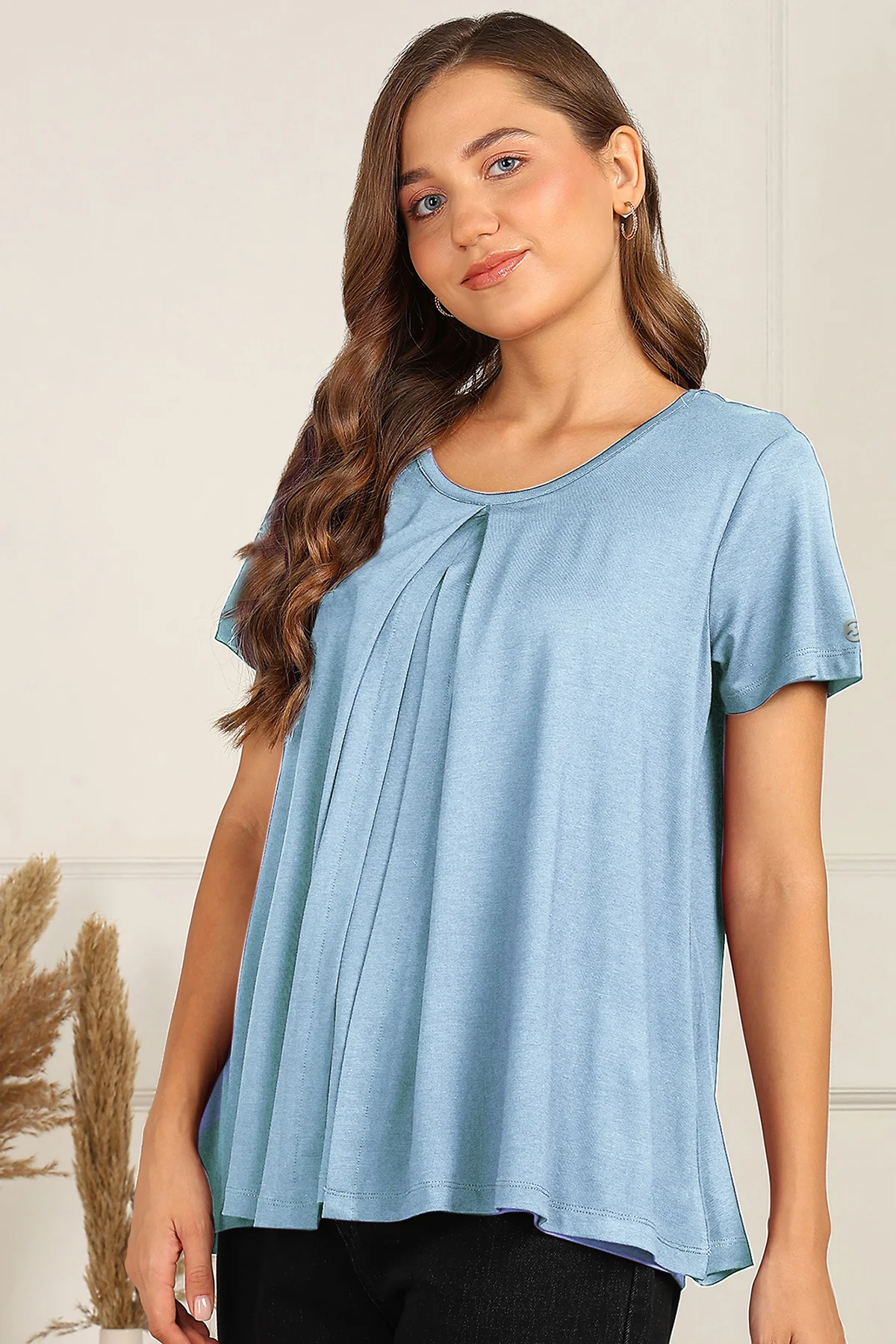 Ice Blue Front & Back Pleated Zipless Nursing Top - Image 7