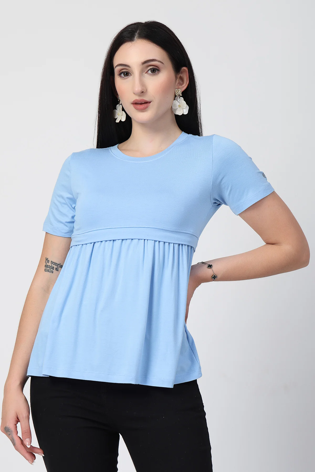 Ice Blue Maternity Zipless Feeding Gathered Top - Image 10