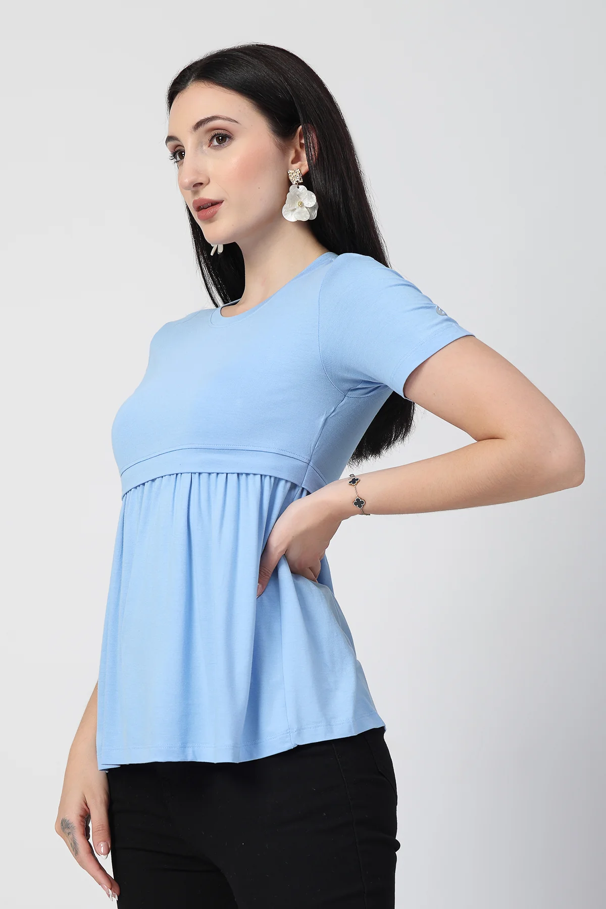 Ice Blue Maternity Zipless Feeding Gathered Top - Image 4