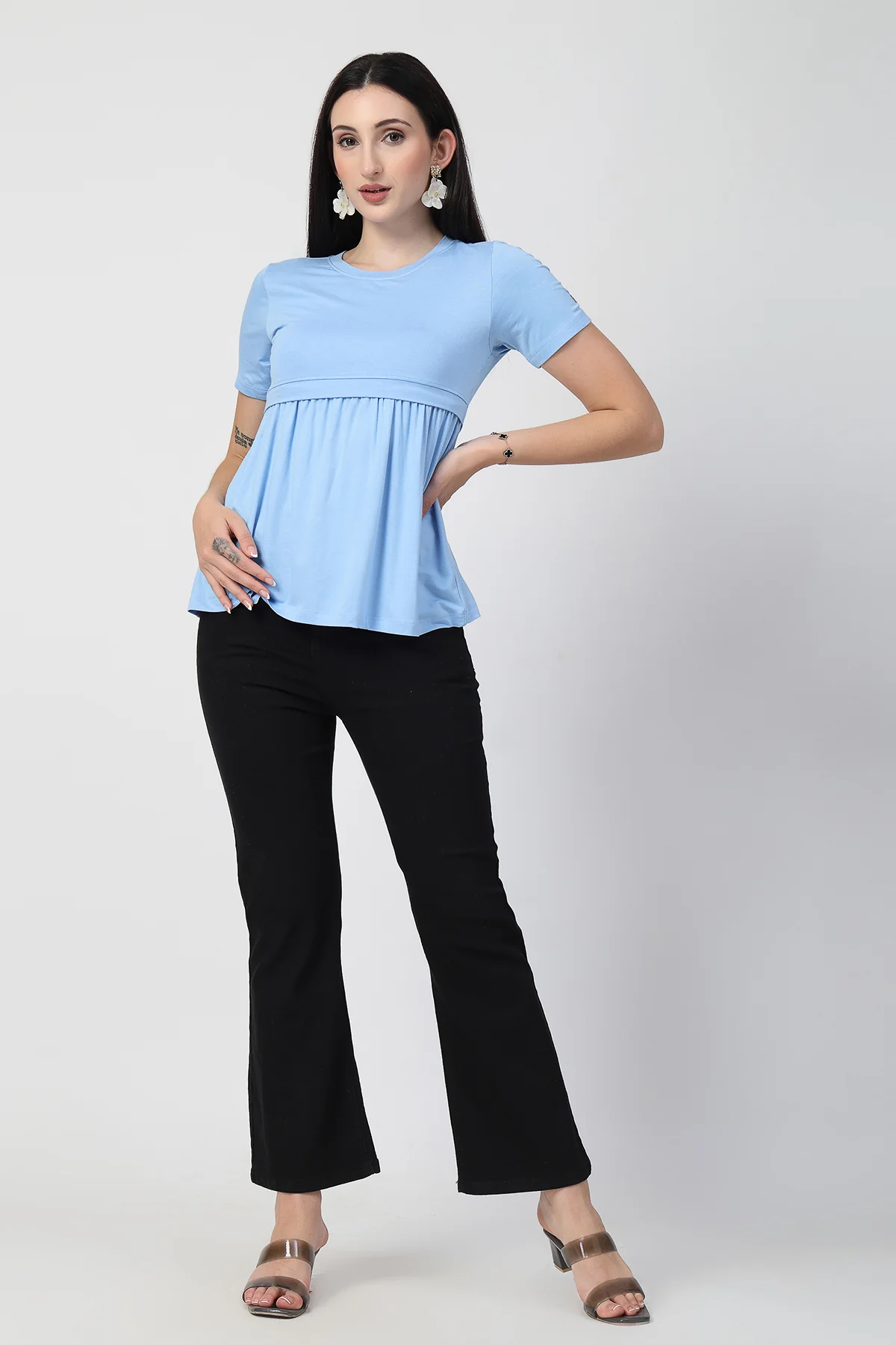 Ice Blue Maternity Zipless Feeding Gathered Top - Image 5