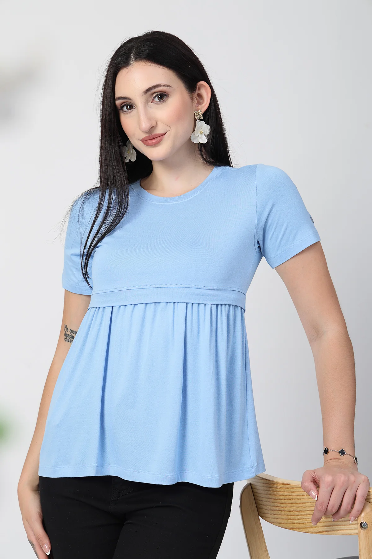 Ice Blue Maternity Zipless Feeding Gathered Top - Image 9