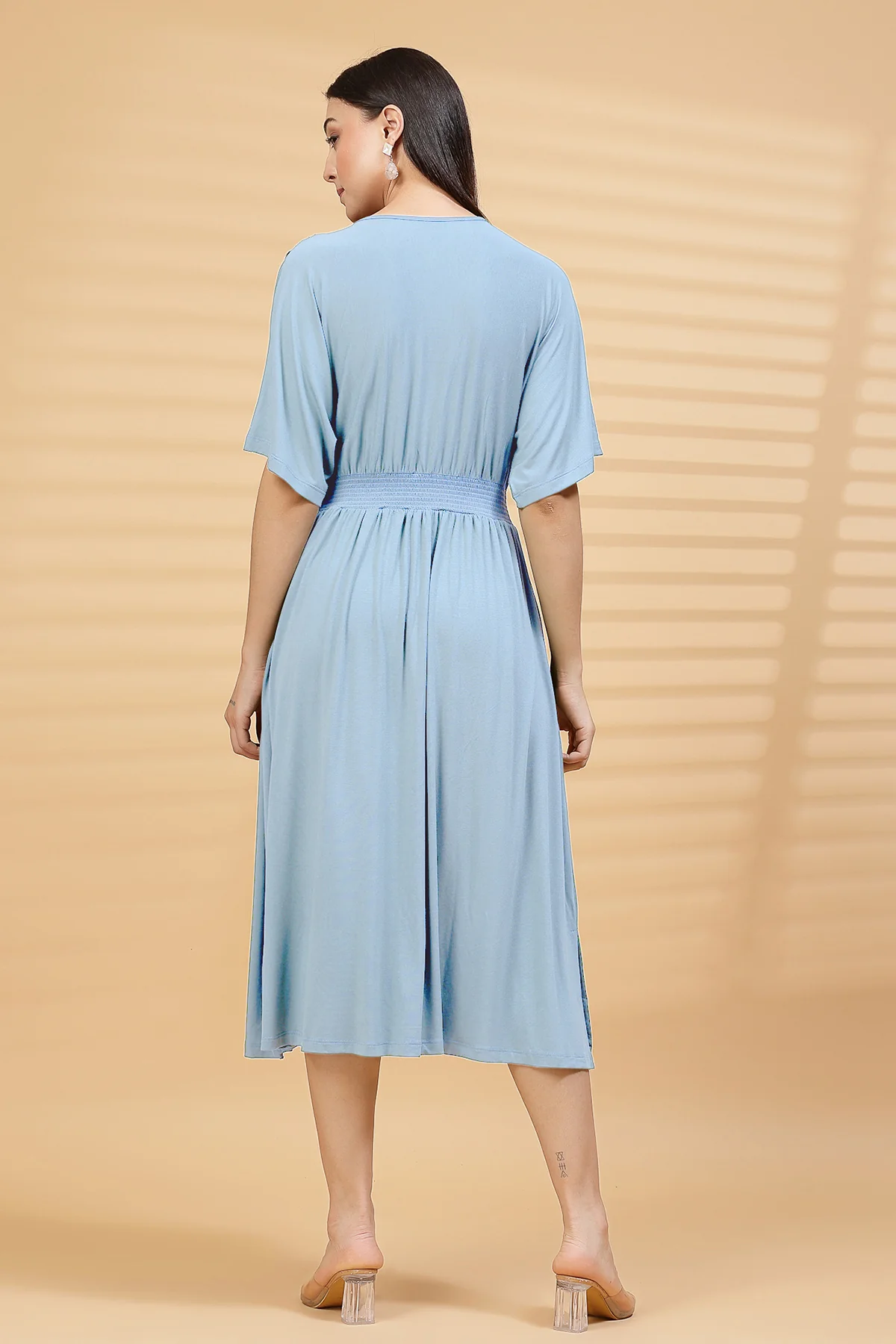 Ice Blue Solid Smocked Waist Zipless Feeding Dress - Image 4