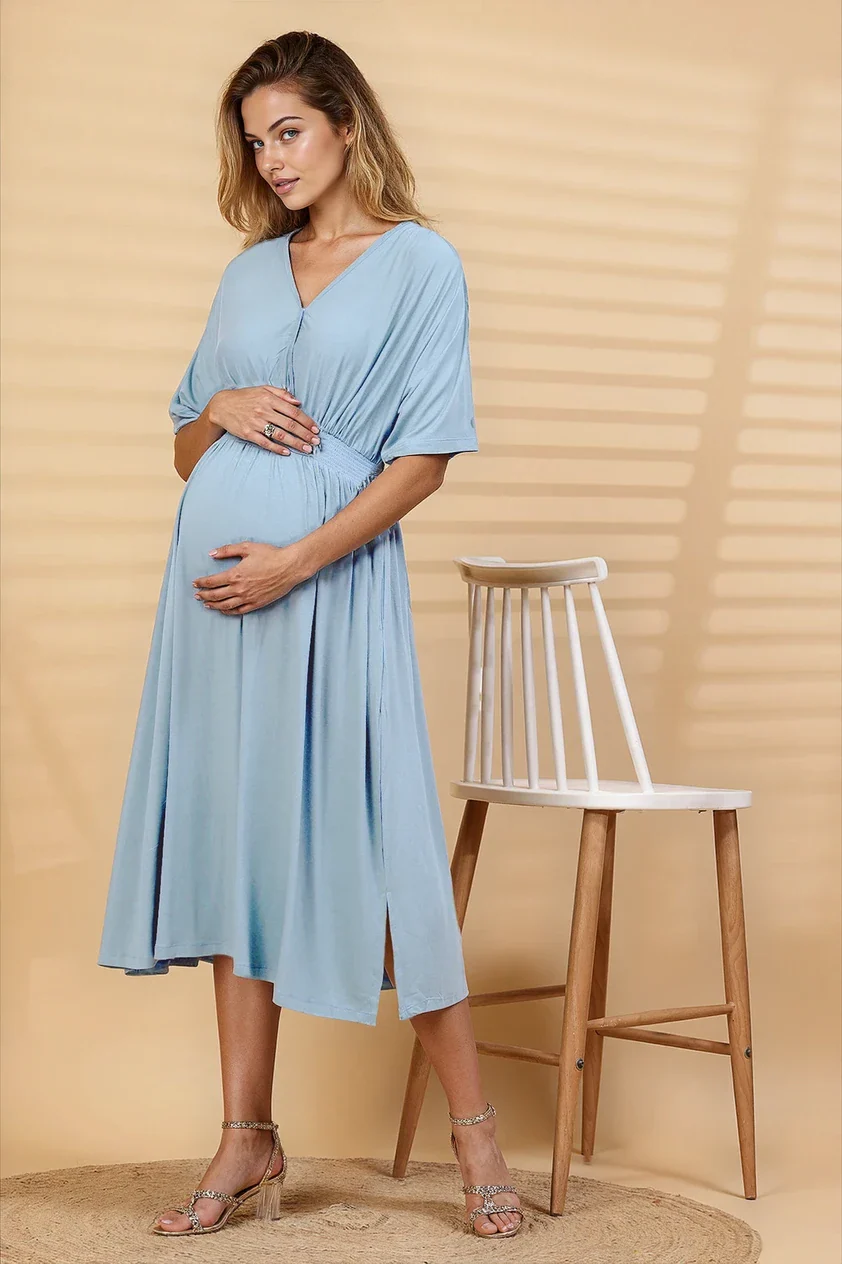 Ice Blue Solid Smocked Waist Zipless Feeding Dress - Image 5