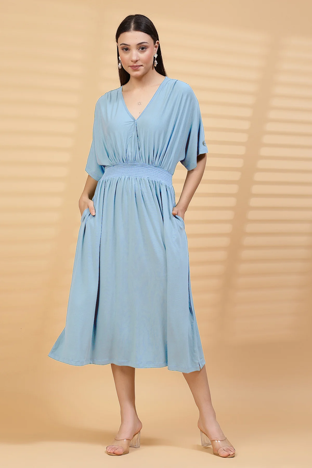 Ice Blue Solid Smocked Waist Zipless Feeding Dress - Image 7