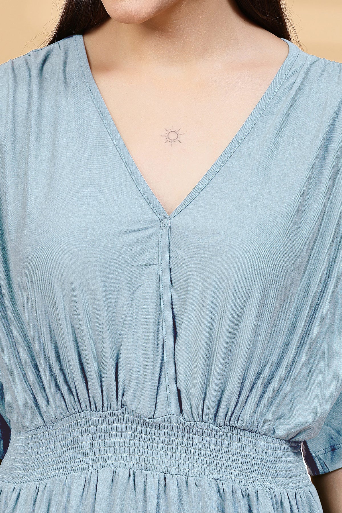 Ice Blue Solid Smocked Waist Zipless Feeding Dress - Image 8