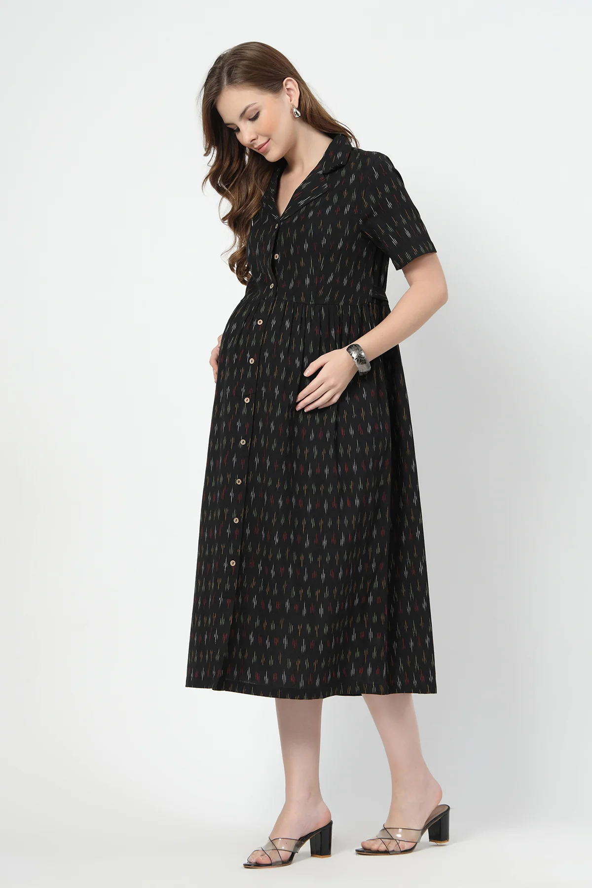 Ikat Print Zipless Feeding Dress-Black - Image 6