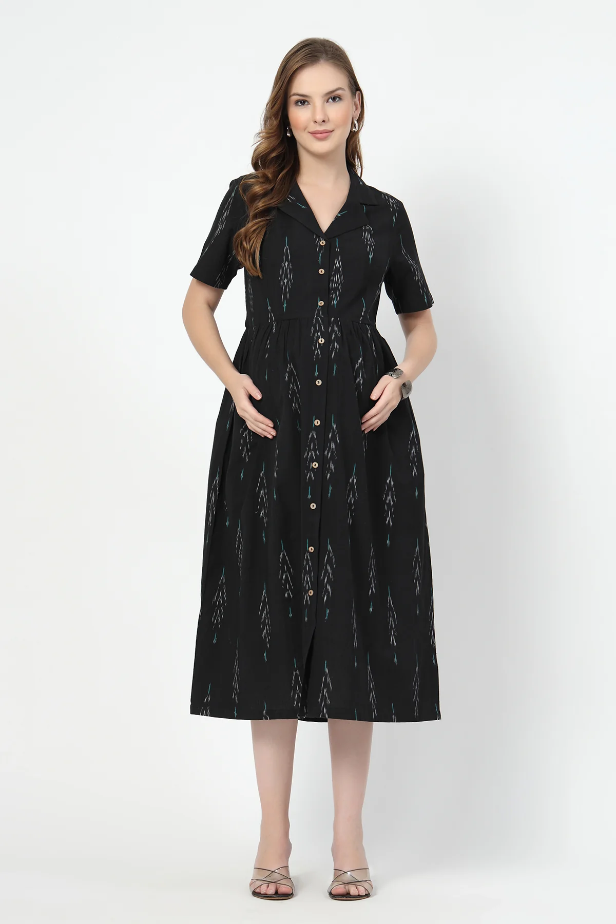 Ikat Print Zipless Feeding Dress-Black & Grey - Image 11
