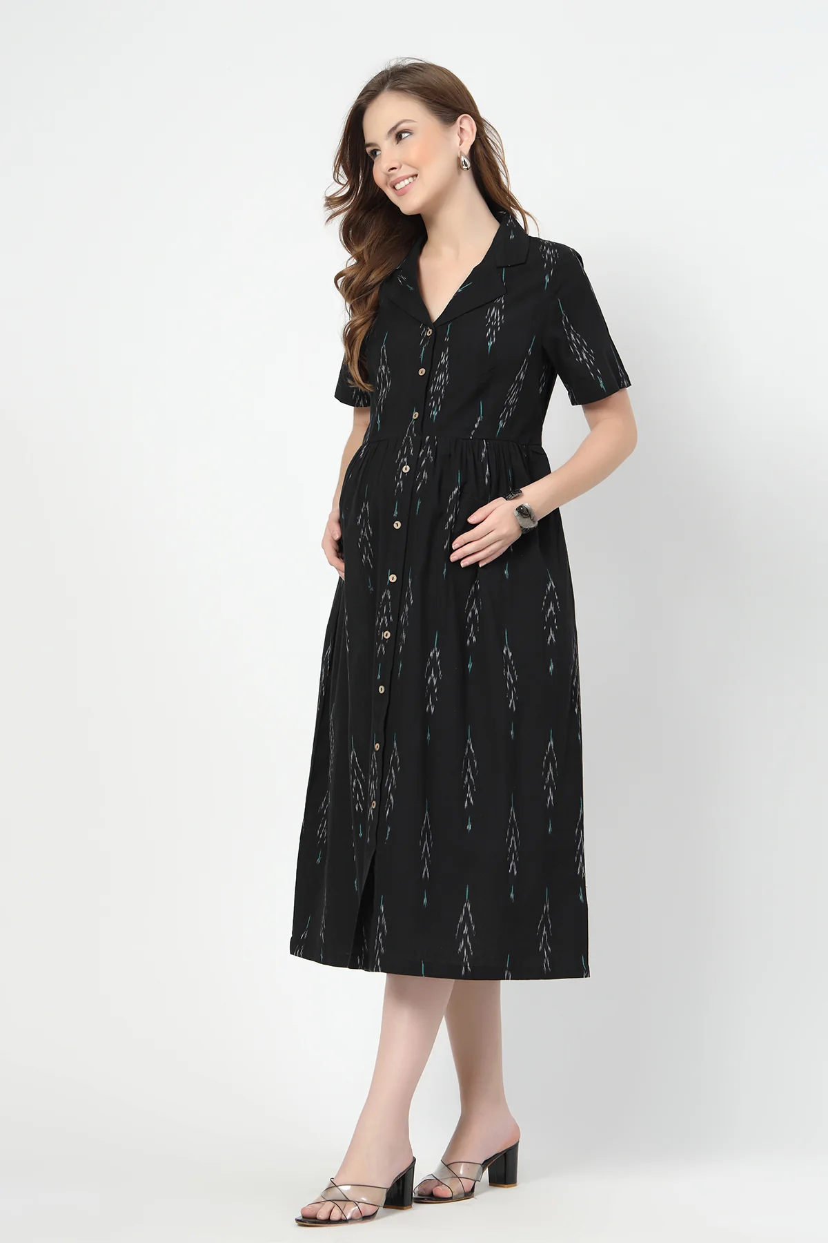 Ikat Print Zipless Feeding Dress-Black & Grey - Image 12
