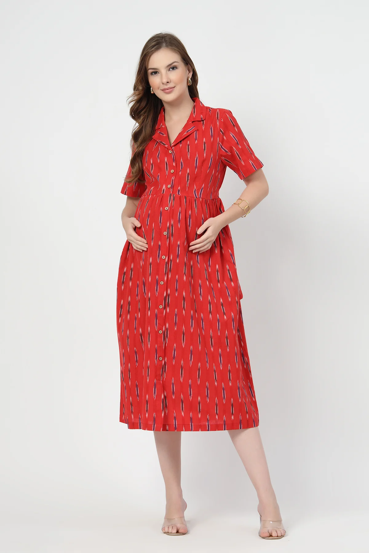 Ikat Print Zipless Feeding Dress-Brick Red - Image 4