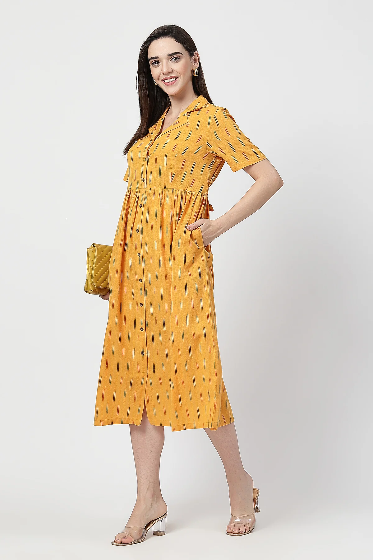 Ikat Print Zipless Feeding Dress - Mustard Yellow - Image 10