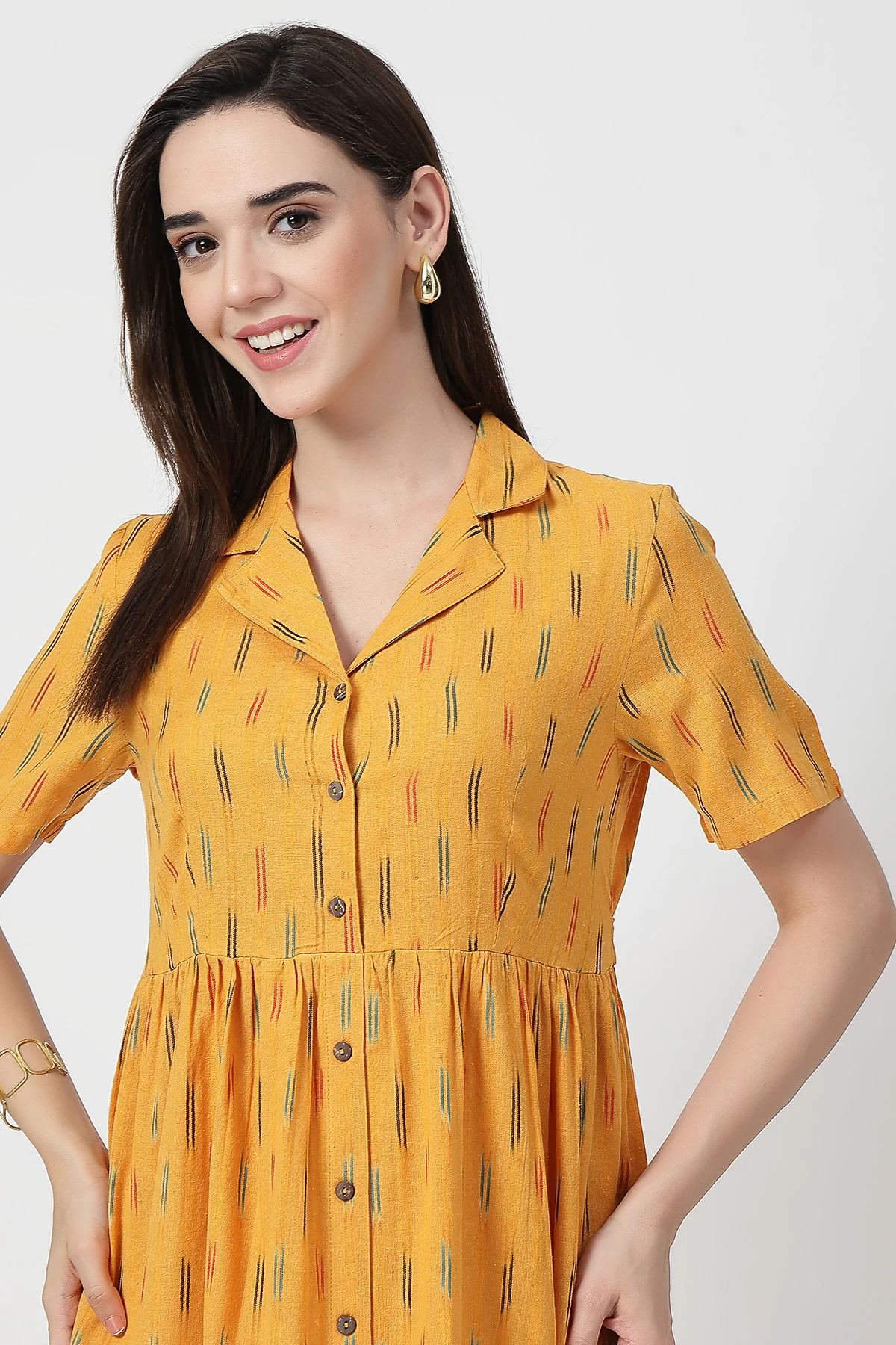 Ikat Print Zipless Feeding Dress - Mustard Yellow - Image 11