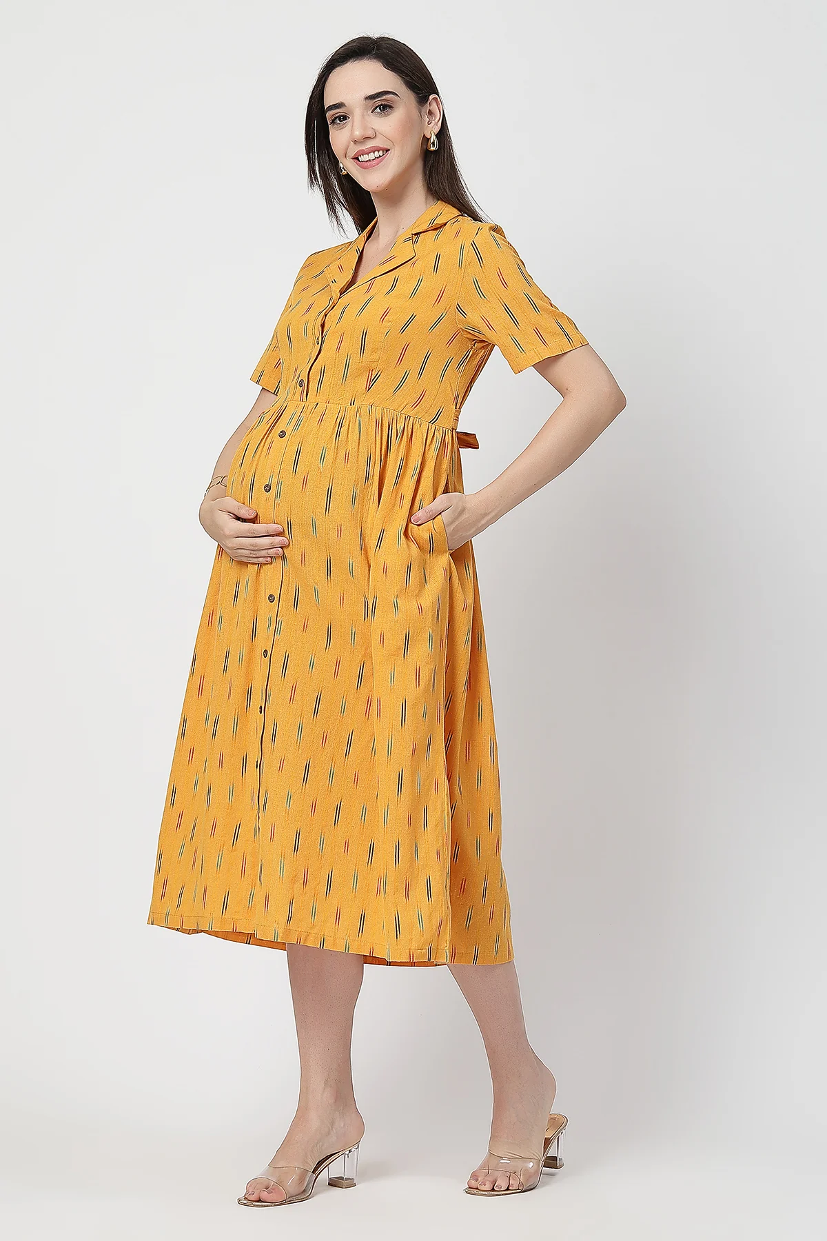 Ikat Print Zipless Feeding Dress - Mustard Yellow - Image 4