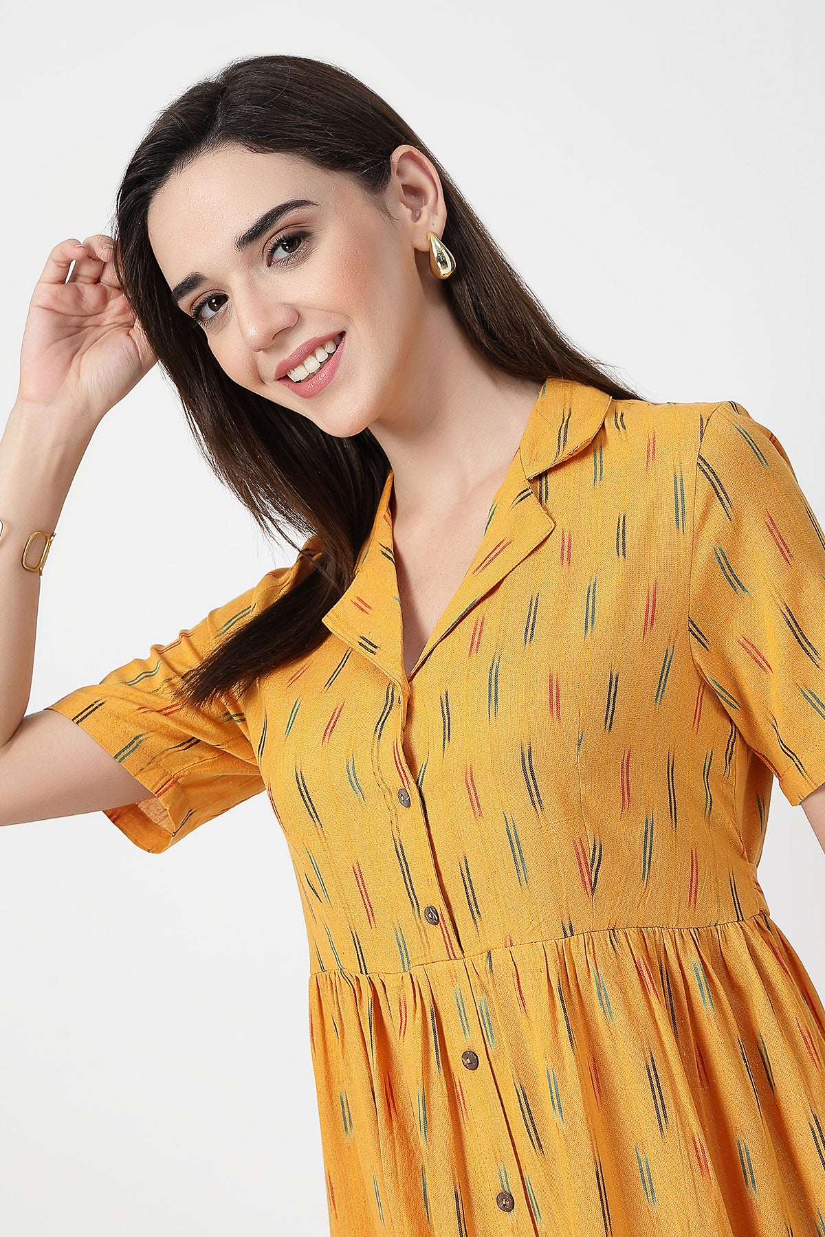 Ikat Print Zipless Feeding Dress - Mustard Yellow - Image 7