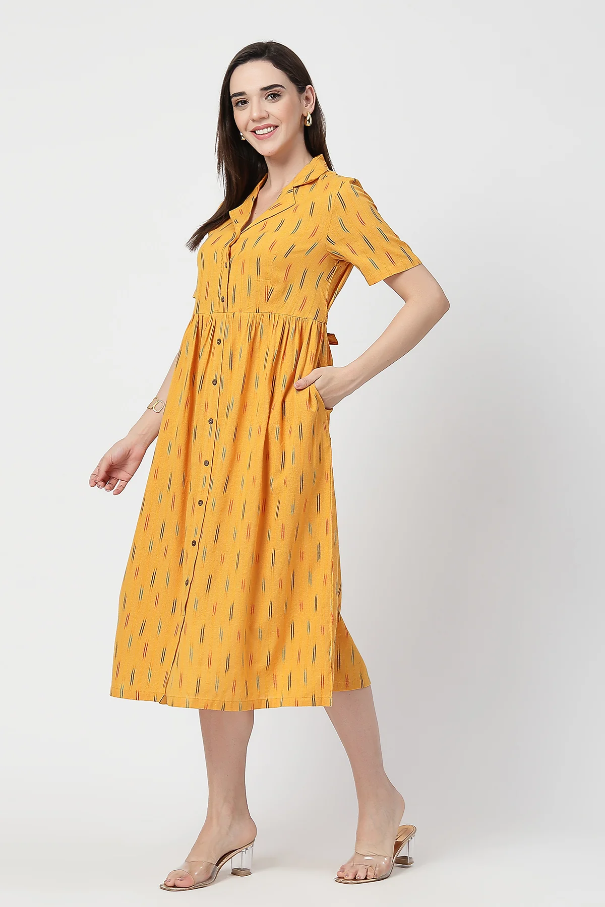 Ikat Print Zipless Feeding Dress - Mustard Yellow - Image 8