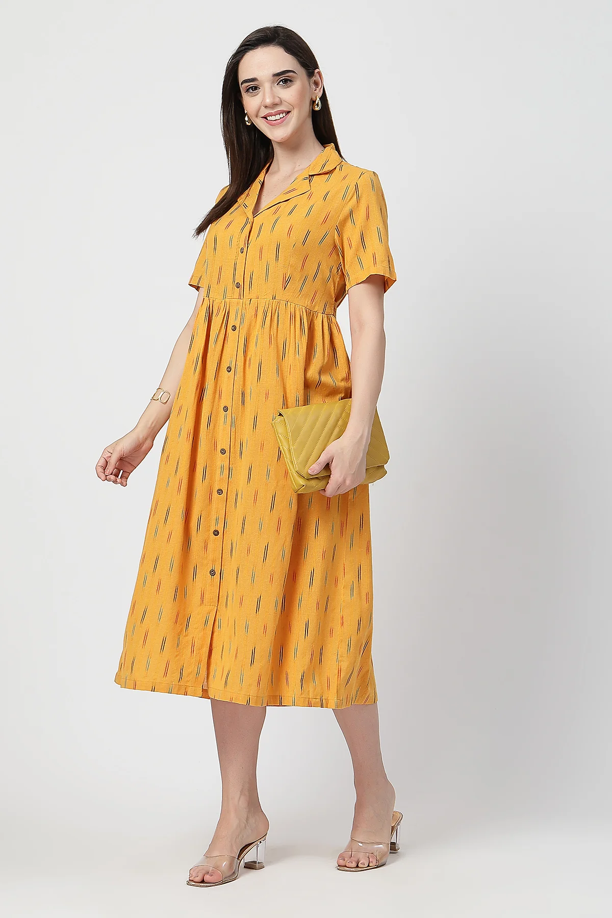 Ikat Print Zipless Feeding Dress - Mustard Yellow - Image 9