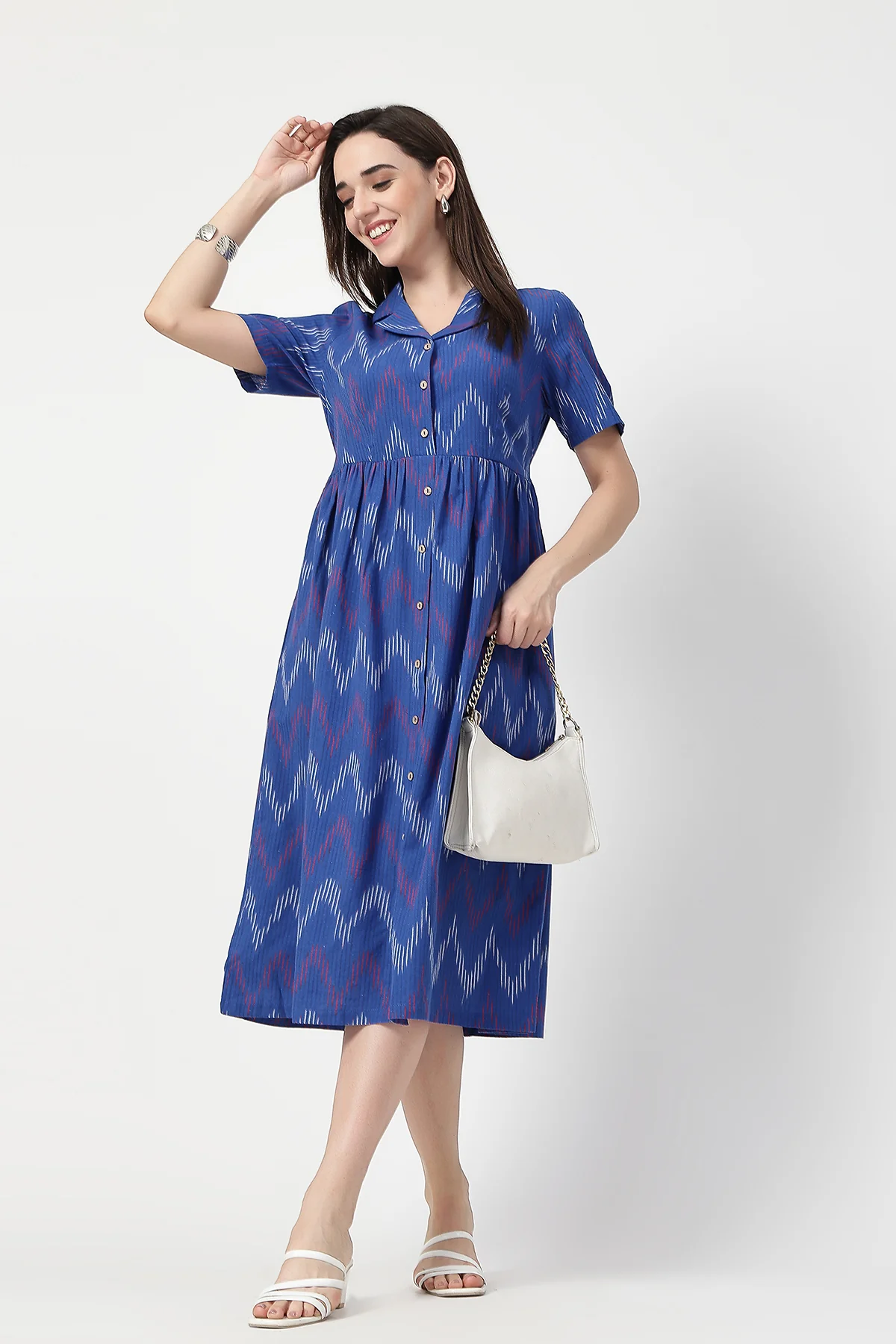 Ikat Print Zipless Feeding Dress - Blue - Image 9