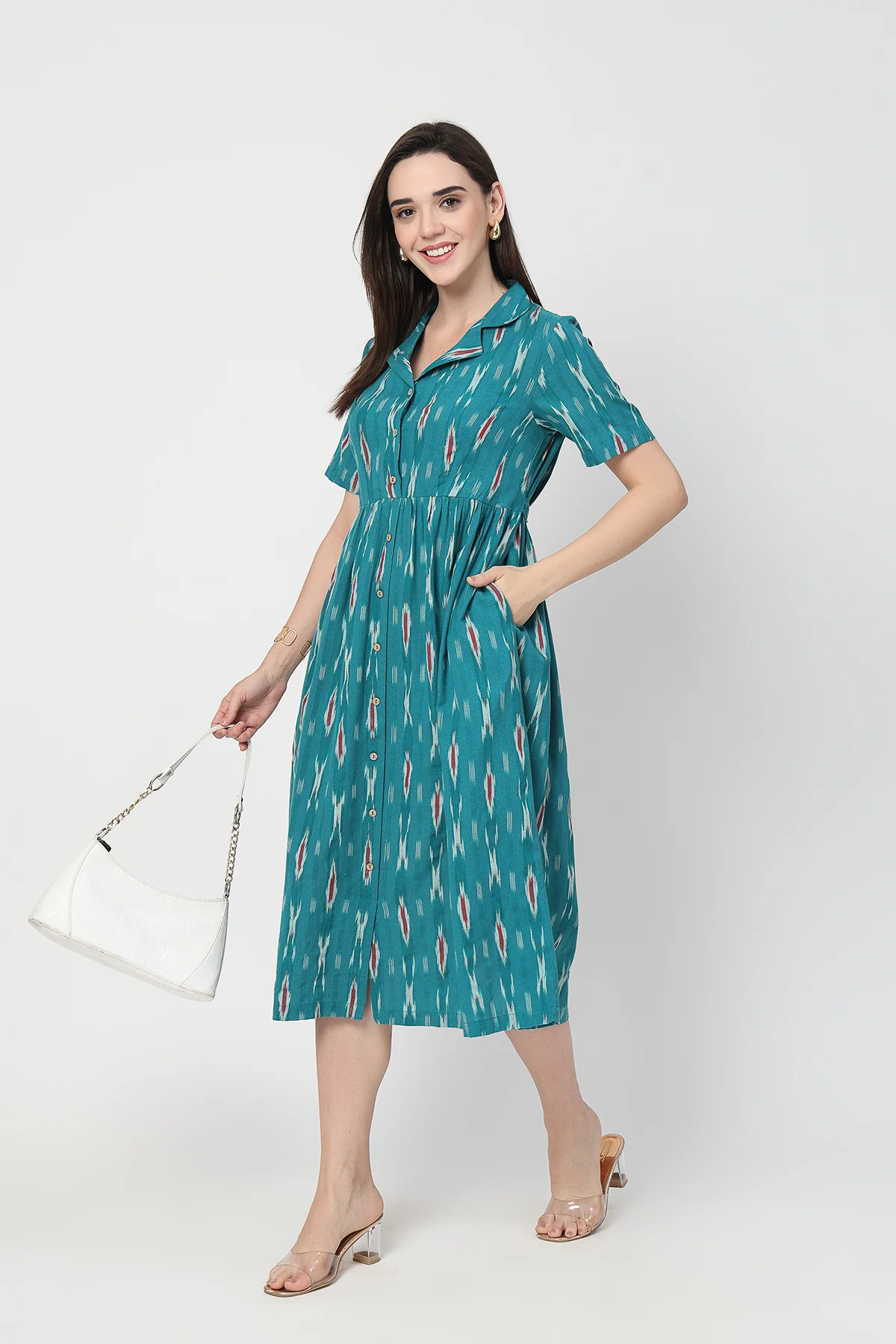 Ikat Print Zipless Feeding Dress - Teal Blue - Image 10