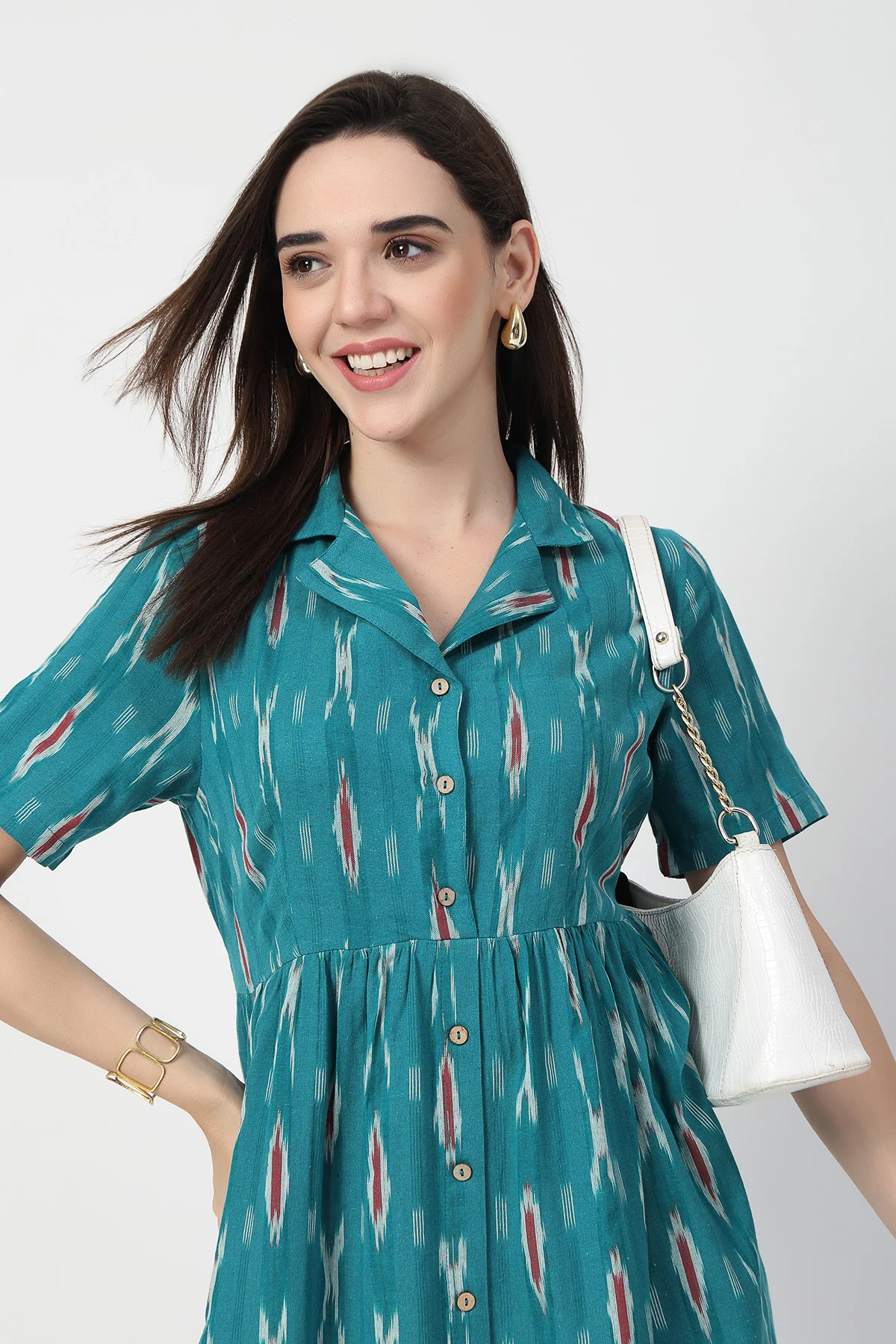 Ikat Print Zipless Feeding Dress - Teal Blue - Image 11