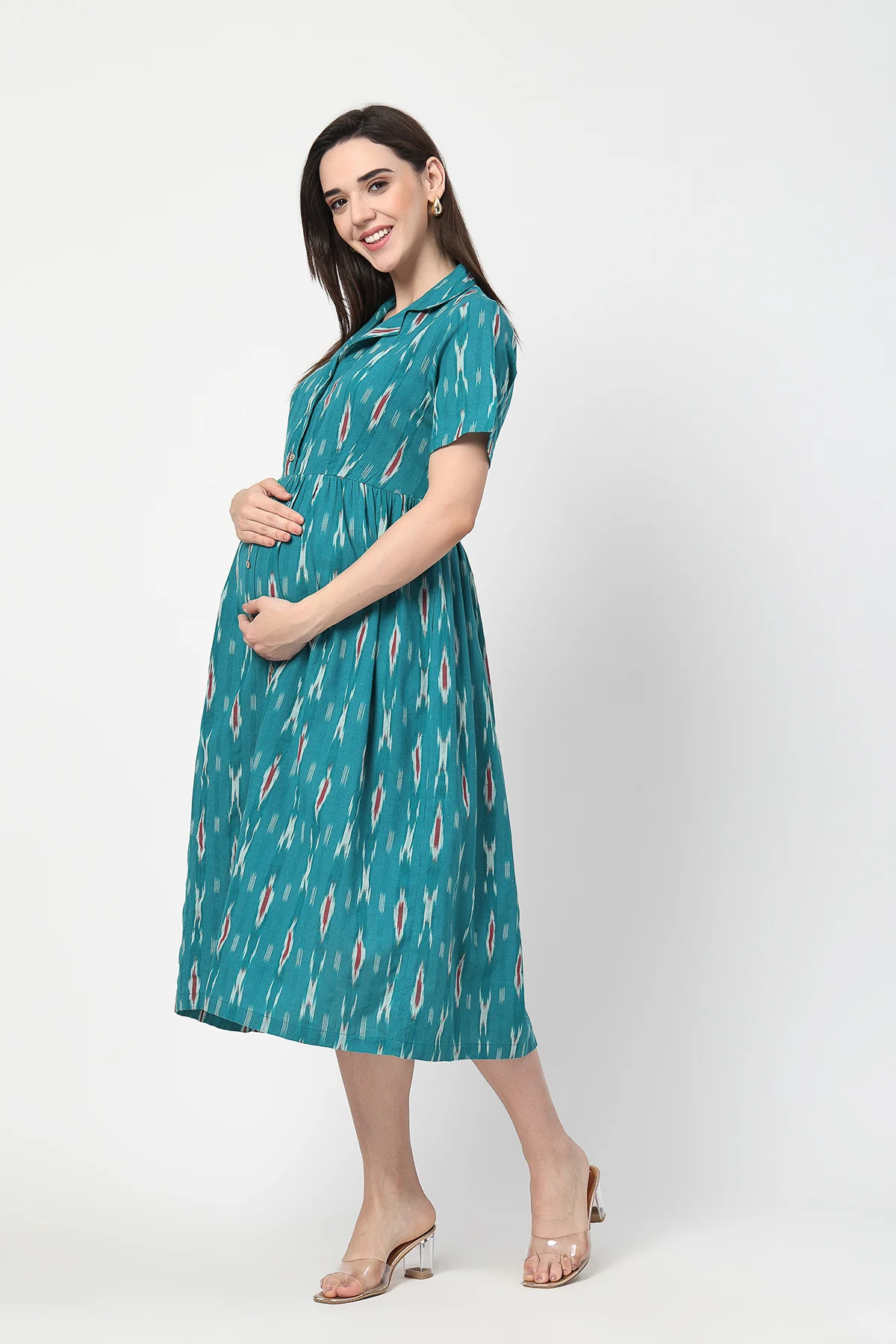 Ikat Print Zipless Feeding Dress - Teal Blue - Image 4