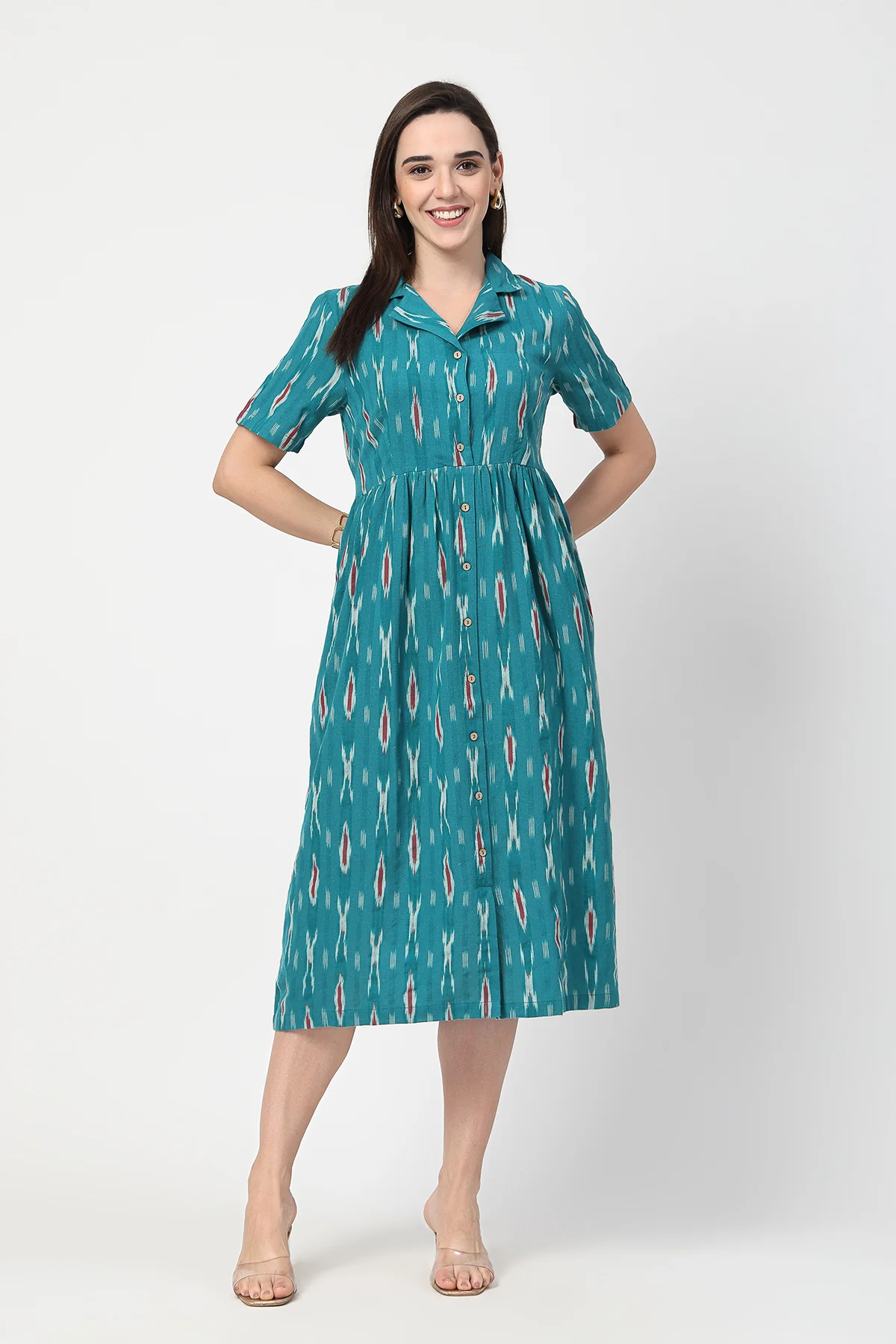 Ikat Print Zipless Feeding Dress - Teal Blue - Image 6