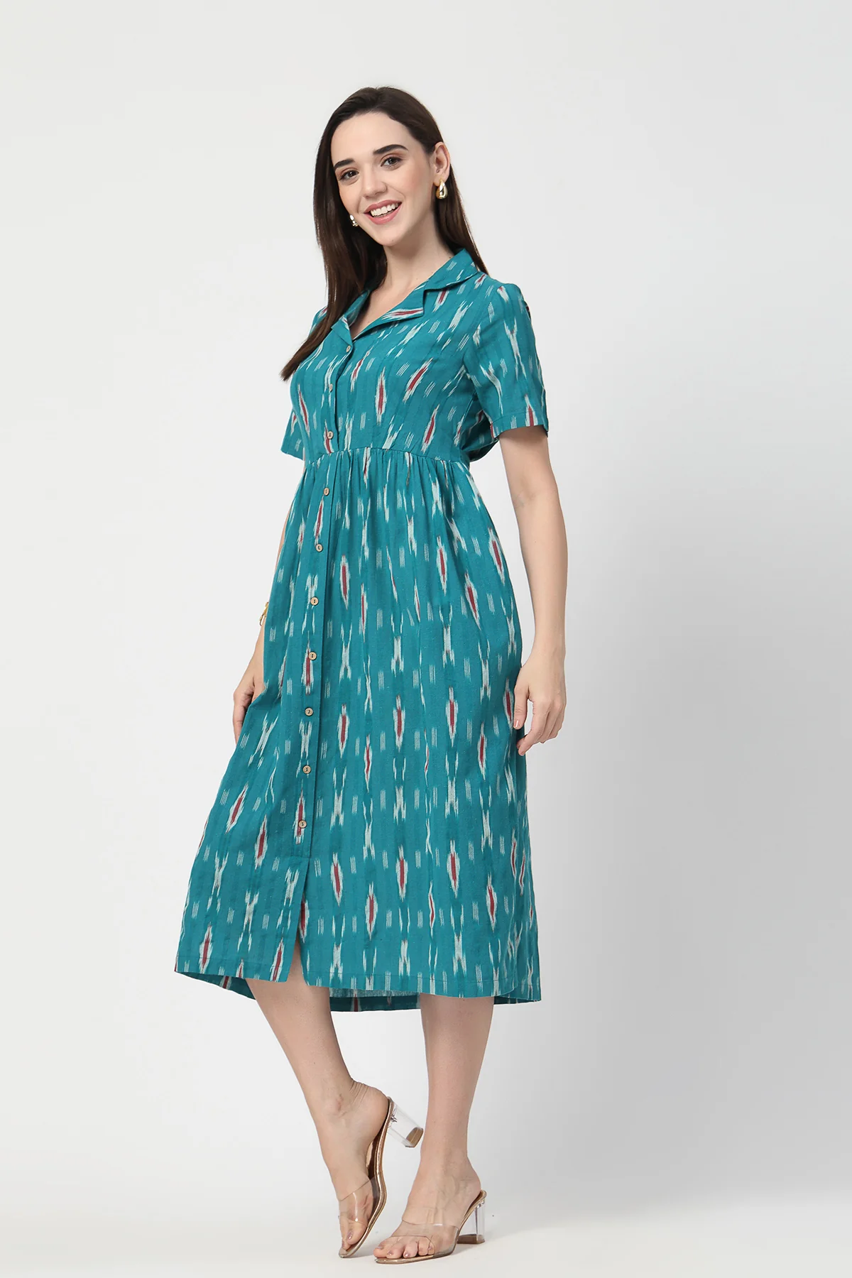 Ikat Print Zipless Feeding Dress - Teal Blue - Image 8