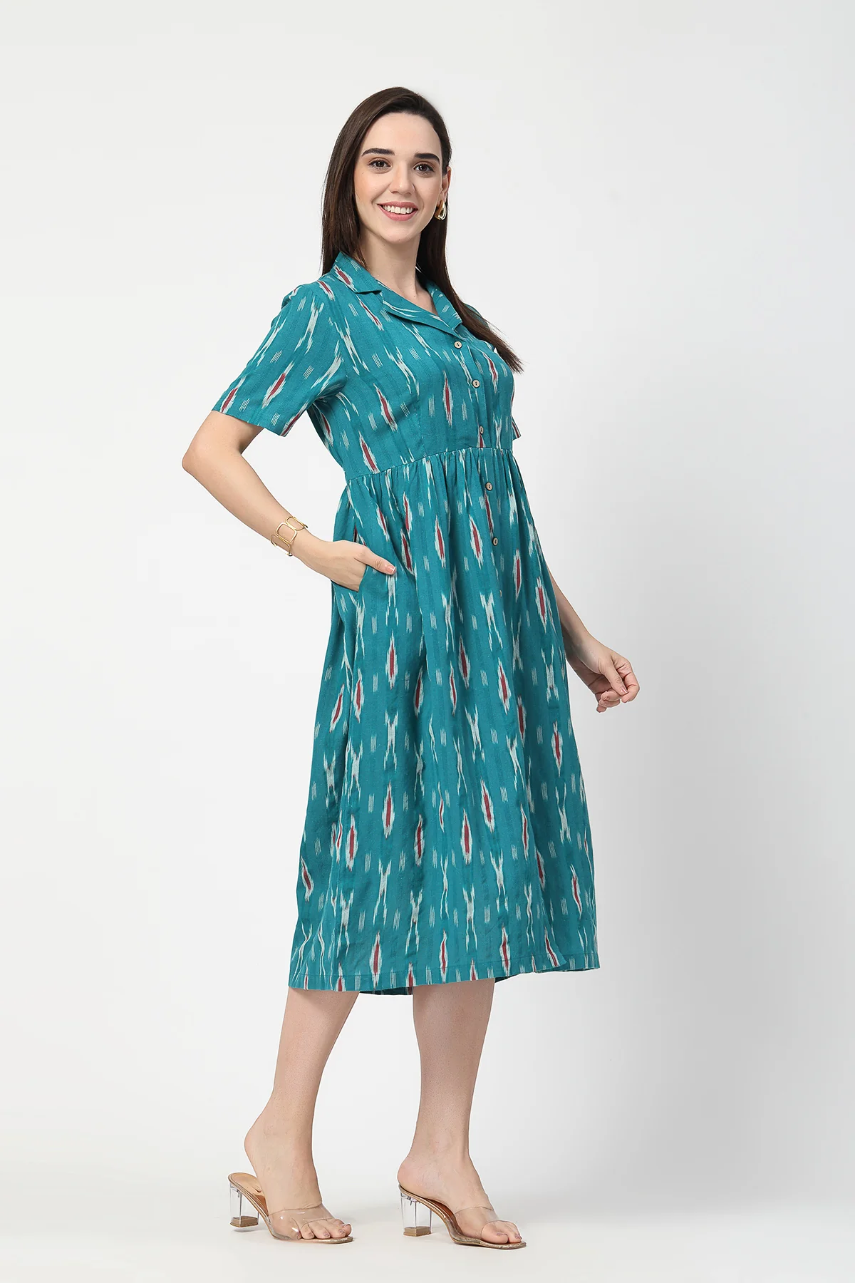 Ikat Print Zipless Feeding Dress - Teal Blue - Image 9