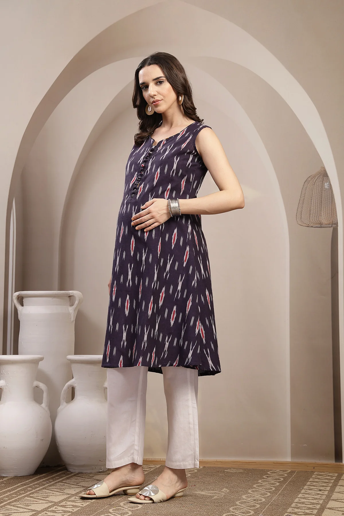 Ikat Sleeveless Zipless Maternity Kurta - Dark Purple - Image 4