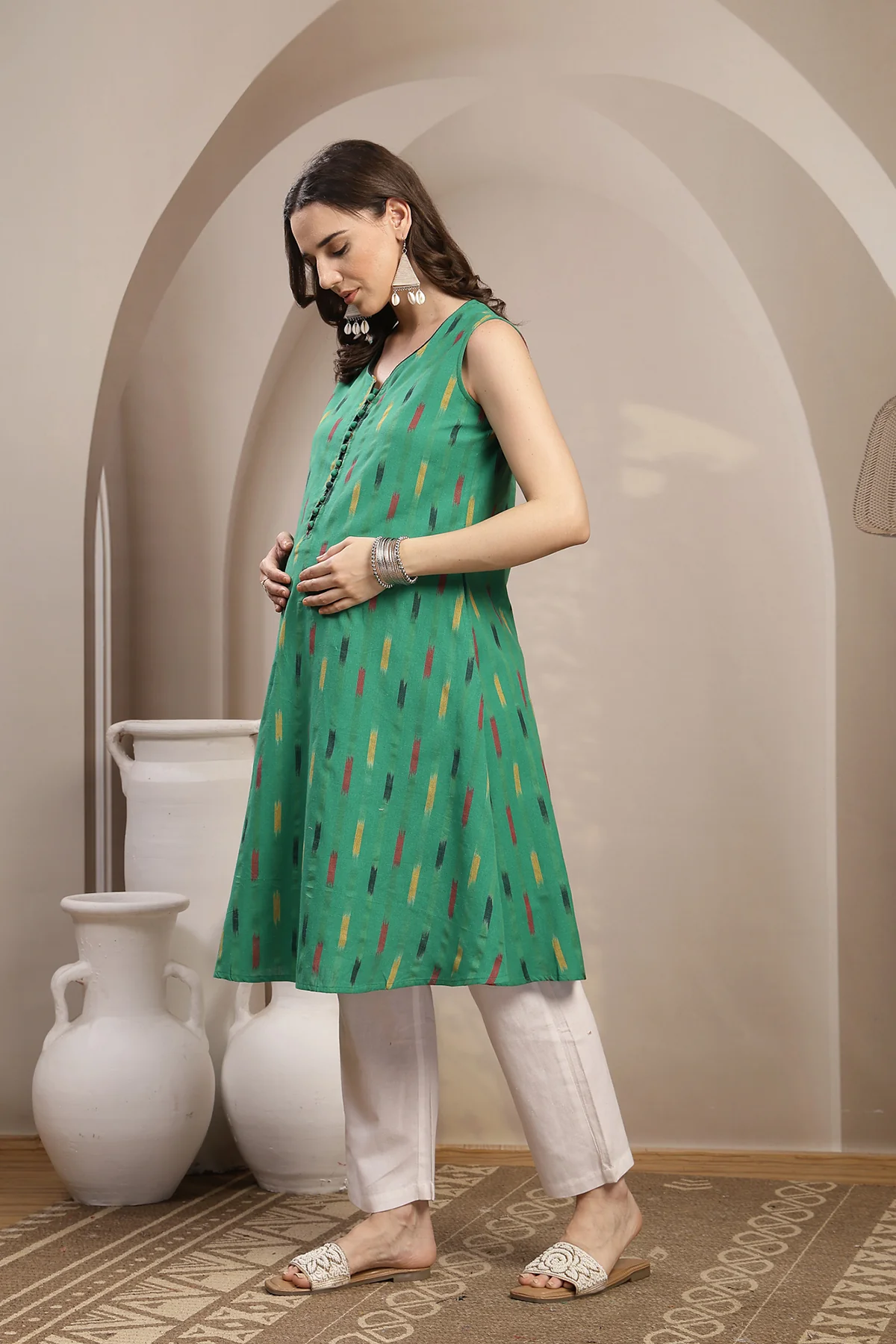 Ikat Sleeveless Zipless Maternity Kurta - Green - Image 3
