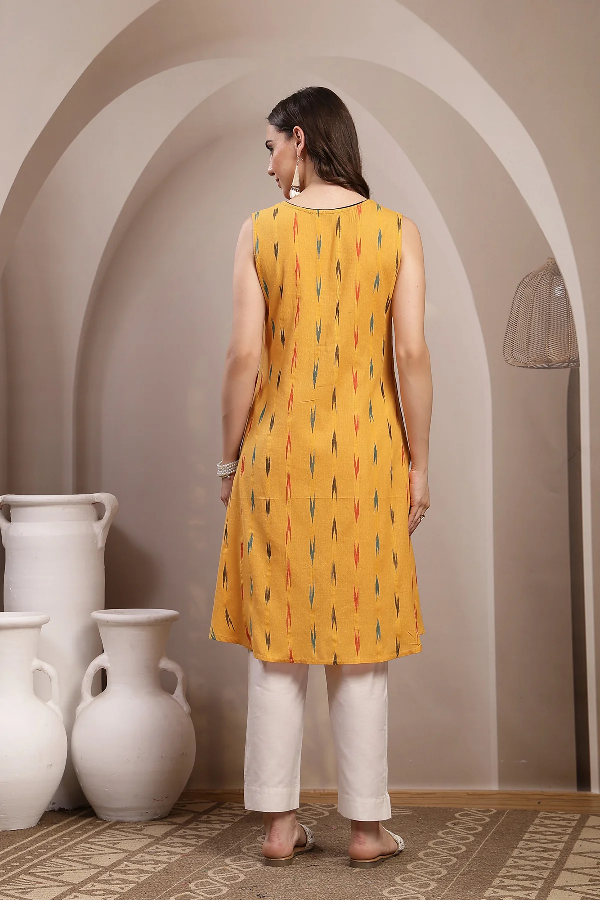 Ikat Sleeveless Zipless Maternity Kurta - Mustard - Image 3