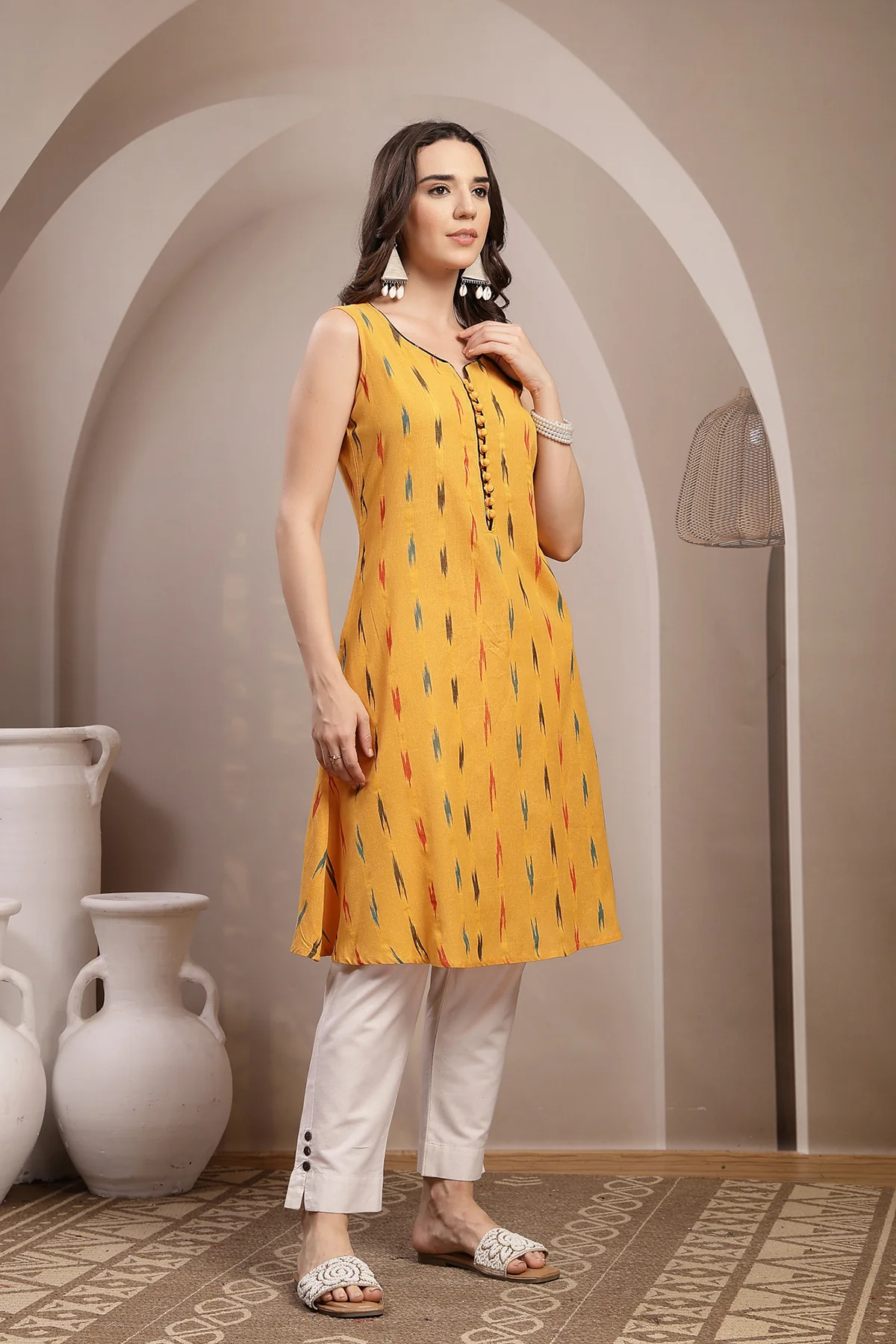 Ikat Sleeveless Zipless Maternity Kurta - Mustard - Image 5