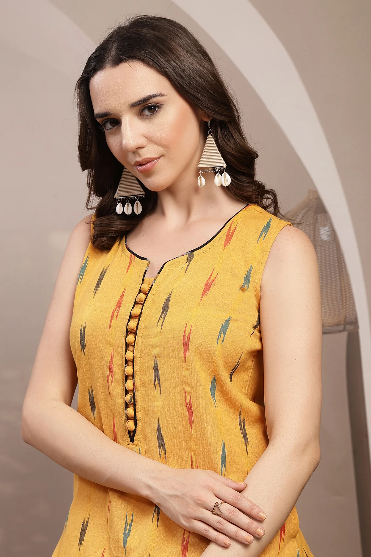 Ikat Sleeveless Zipless Maternity Kurta - Mustard - Image 6