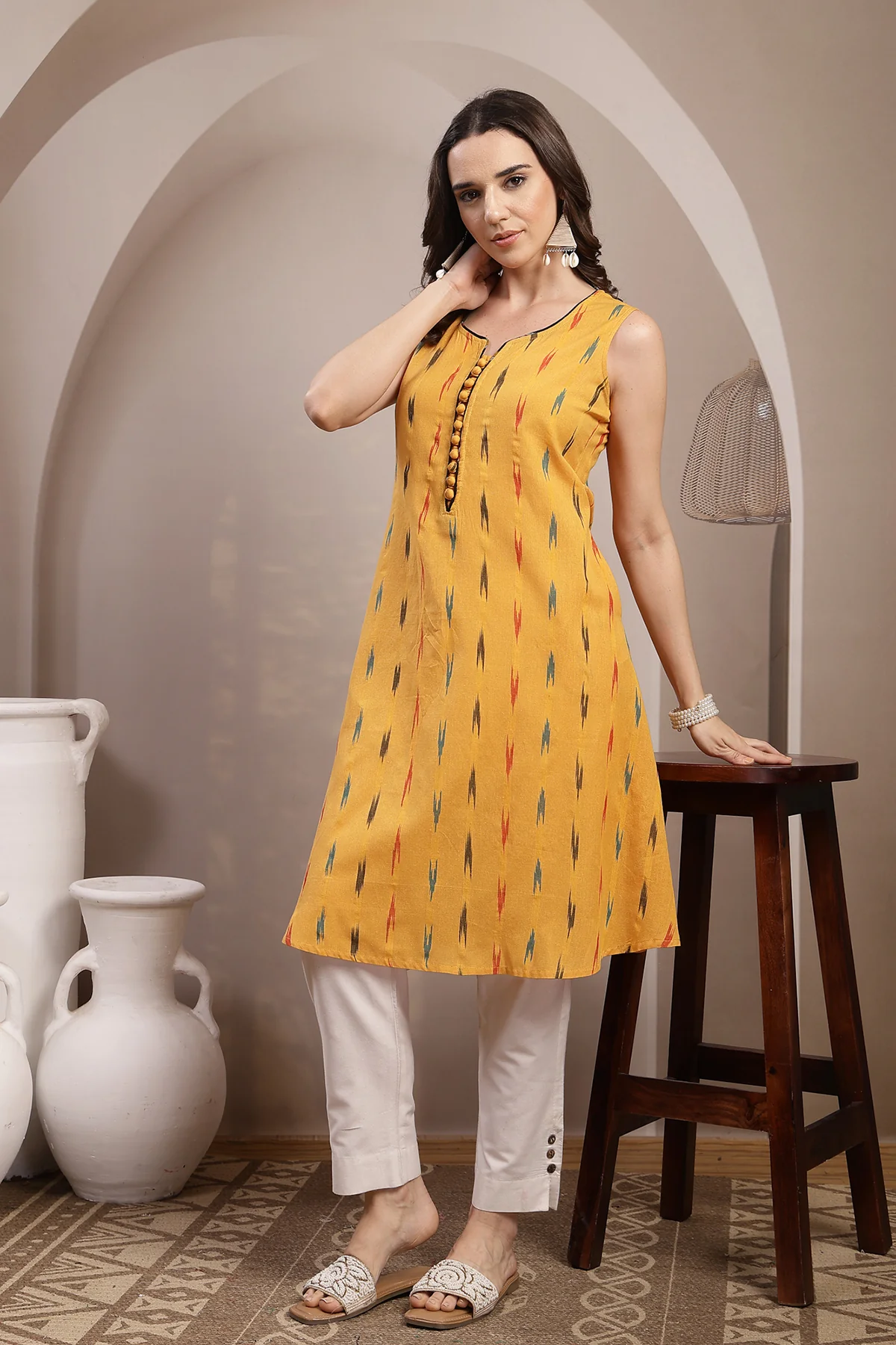 Ikat Sleeveless Zipless Maternity Kurta - Mustard - Image 7