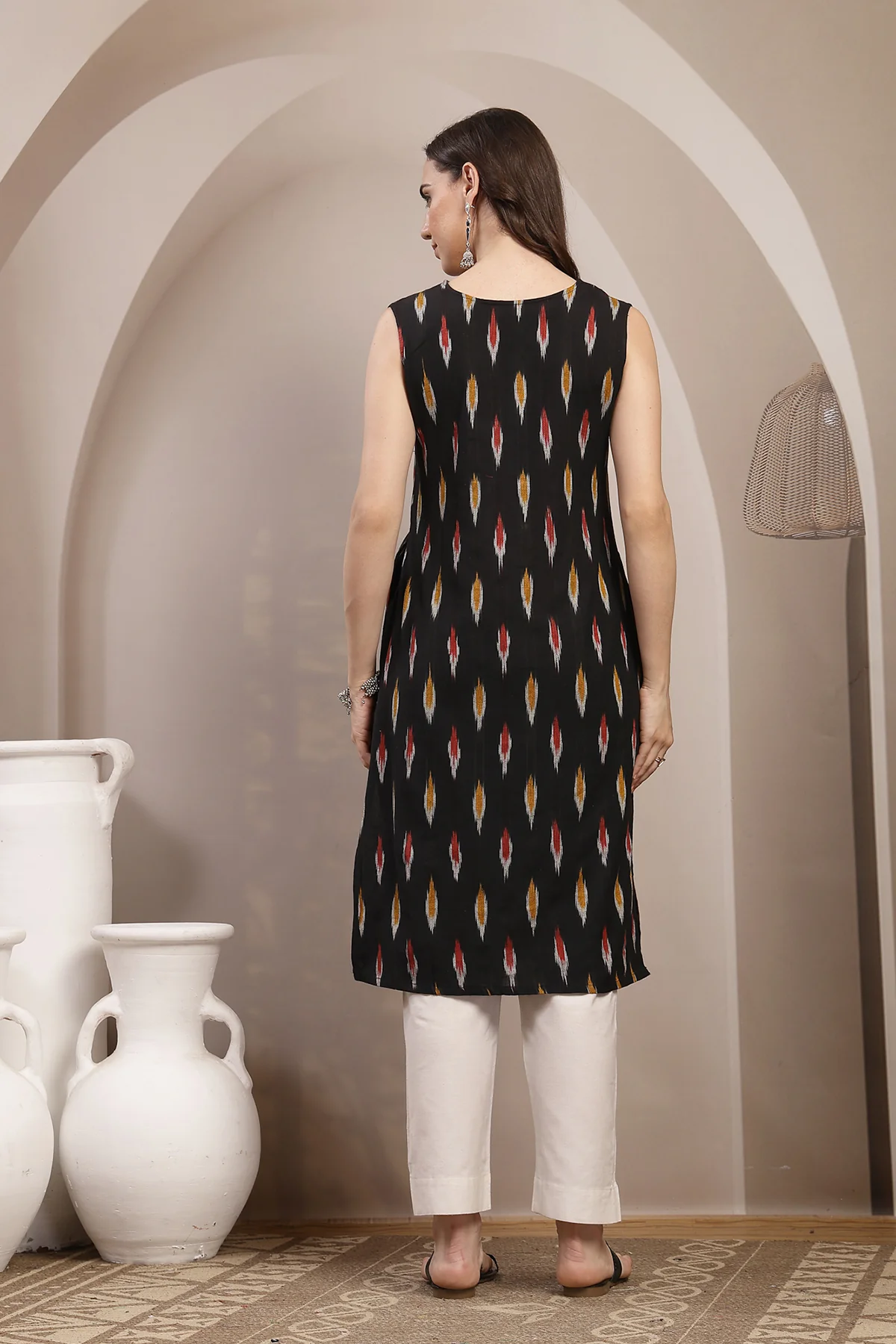 Ikat V-Neck Zipless Feeding Sleeveless Maternity Kurta - Black - Image 3