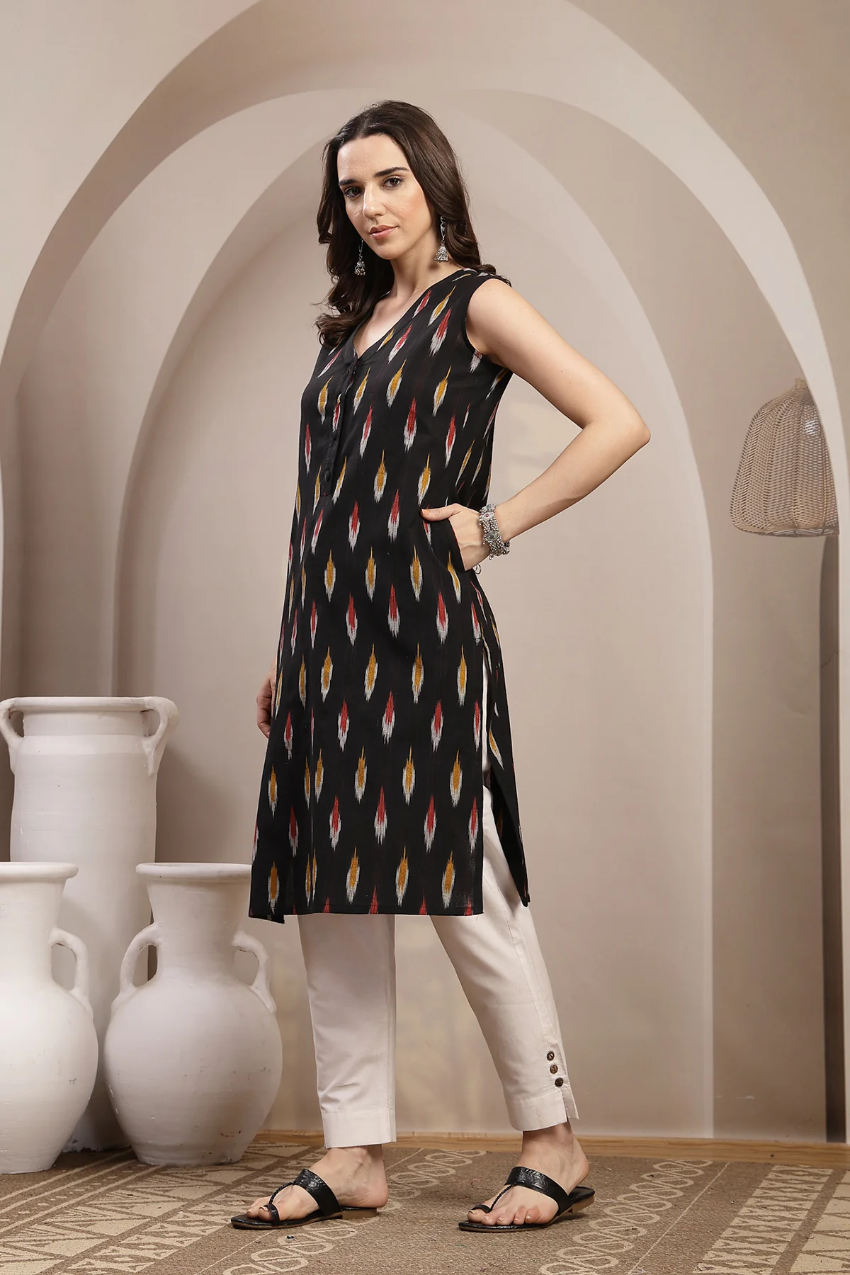 Ikat V-Neck Zipless Feeding Sleeveless Maternity Kurta - Black - Image 5