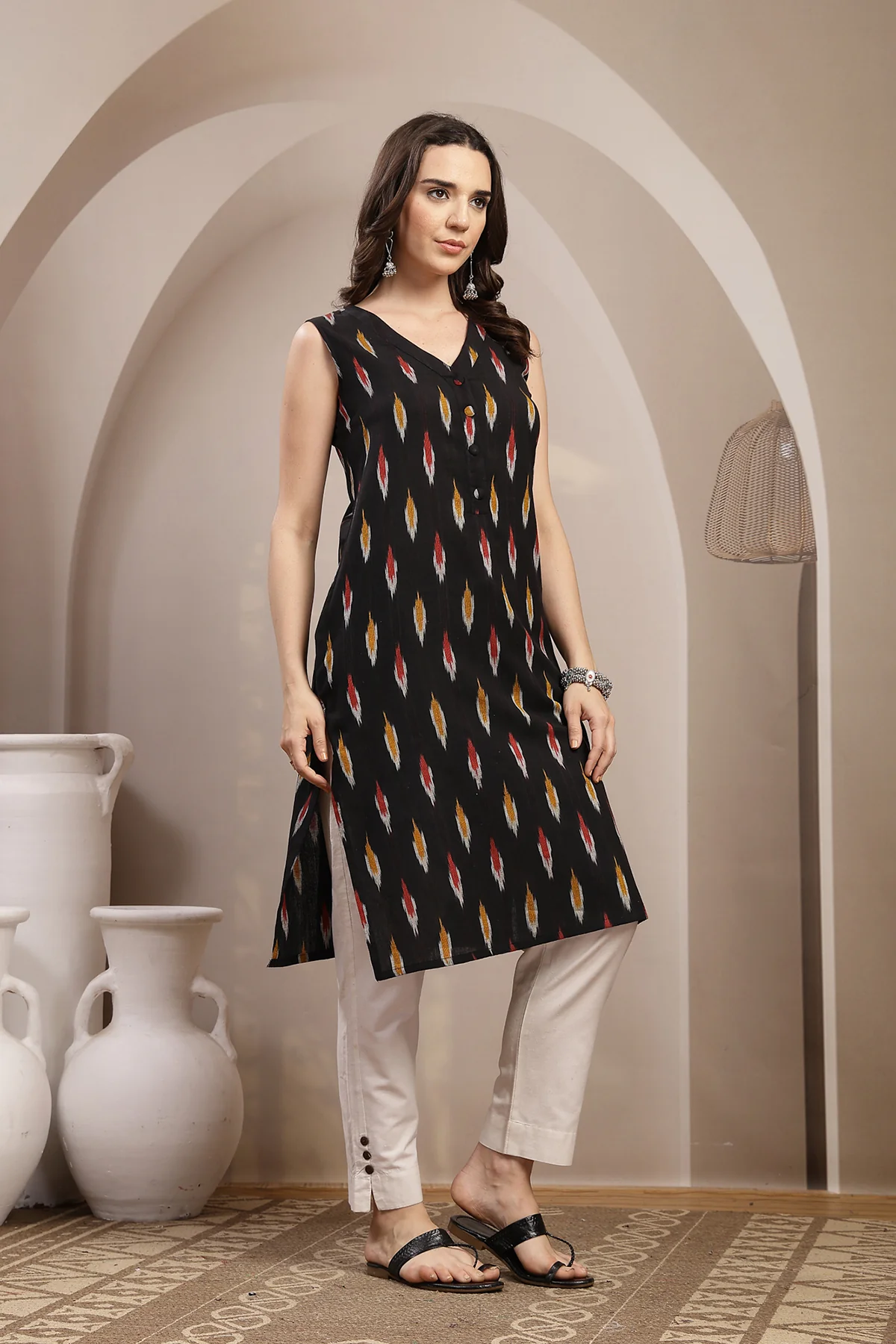 Ikat V-Neck Zipless Feeding Sleeveless Maternity Kurta - Black - Image 6