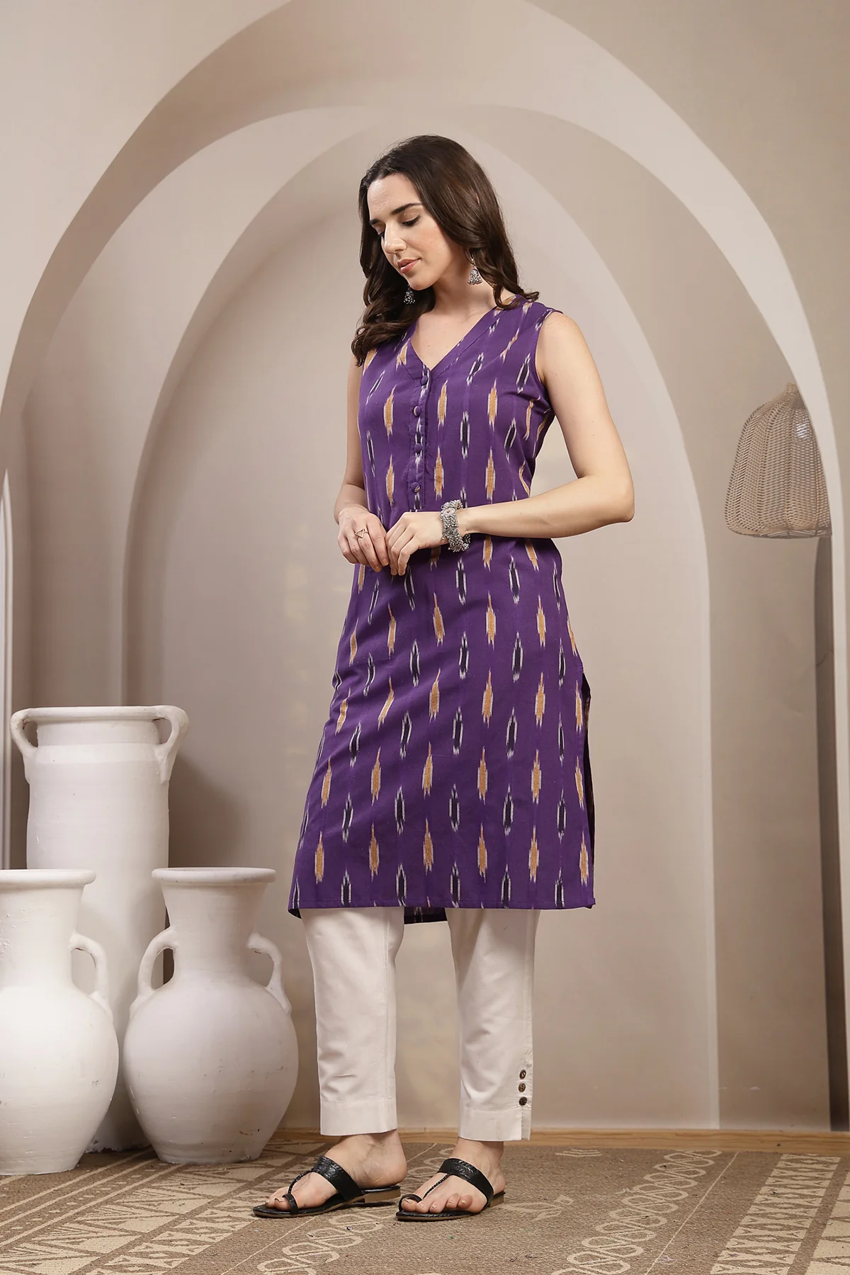 Ikat V-Neck Zipless Feeding Sleeveless Maternity Kurta - Indigo Blue - Image 5