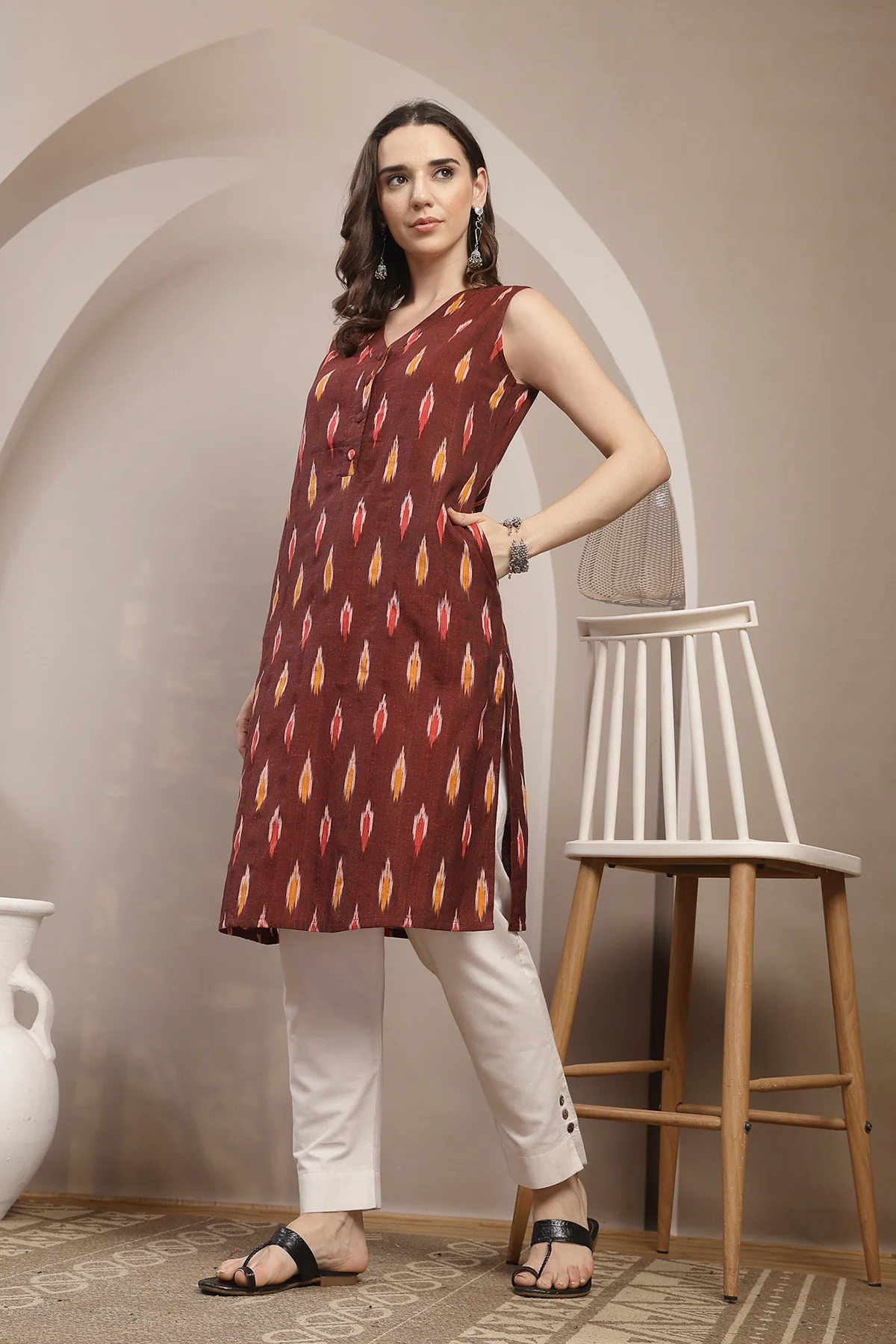 Ikat V-Neck Zipless Feeding Sleeveless Maternity Kurta - Maroon - Image 6