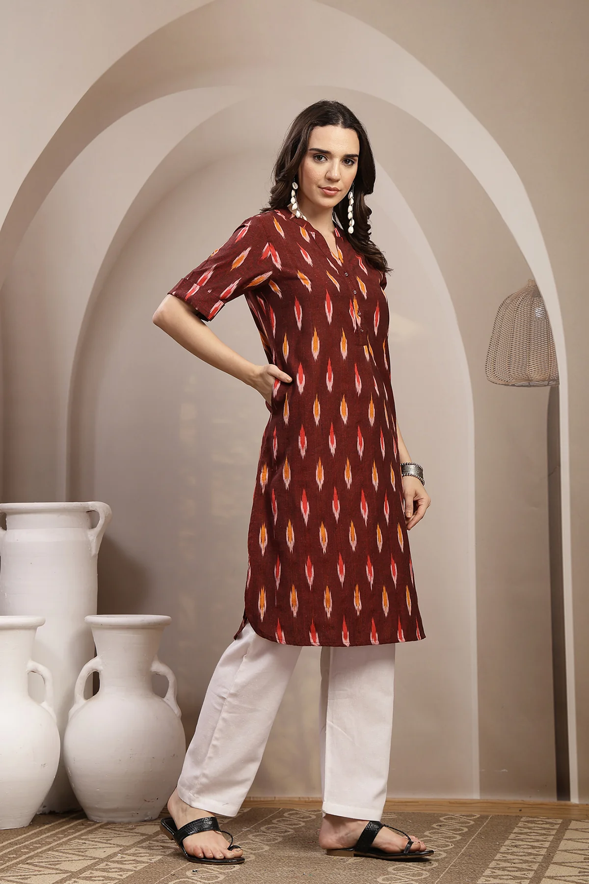 Ikat Zipless Maternity Kurta - Maroon - Image 5