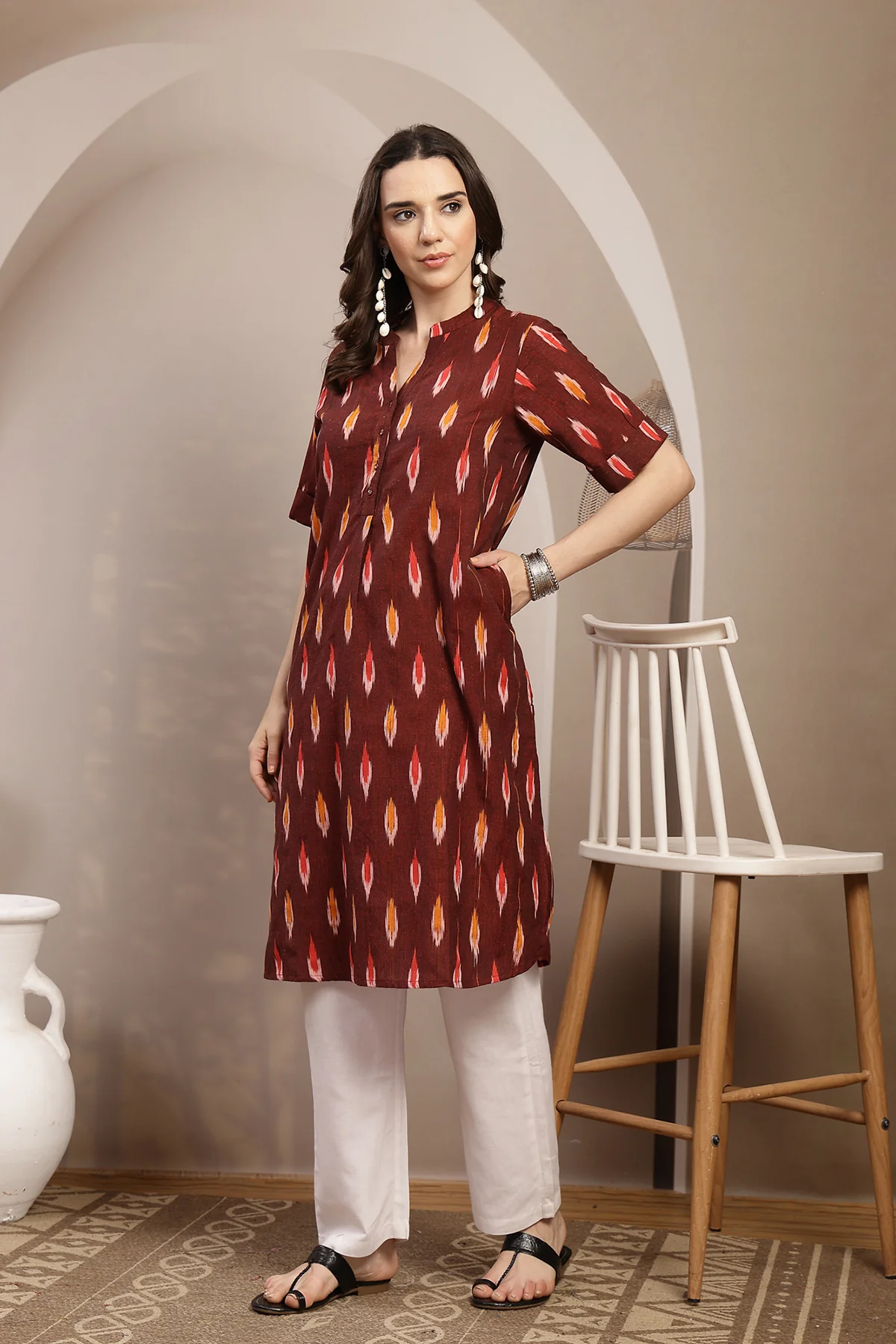 Ikat Zipless Maternity Kurta - Maroon - Image 6