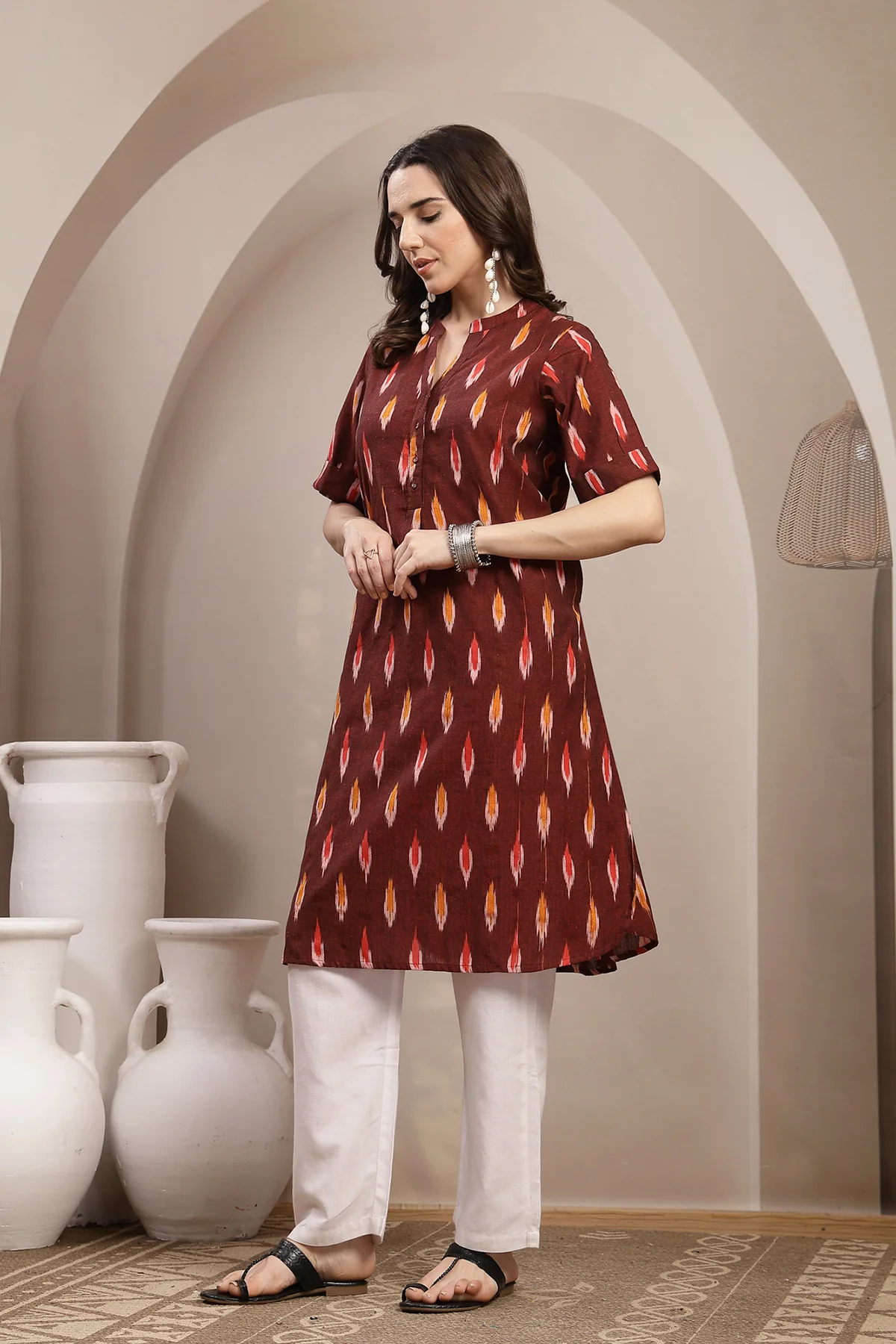 Ikat Zipless Maternity Kurta - Maroon - Image 7