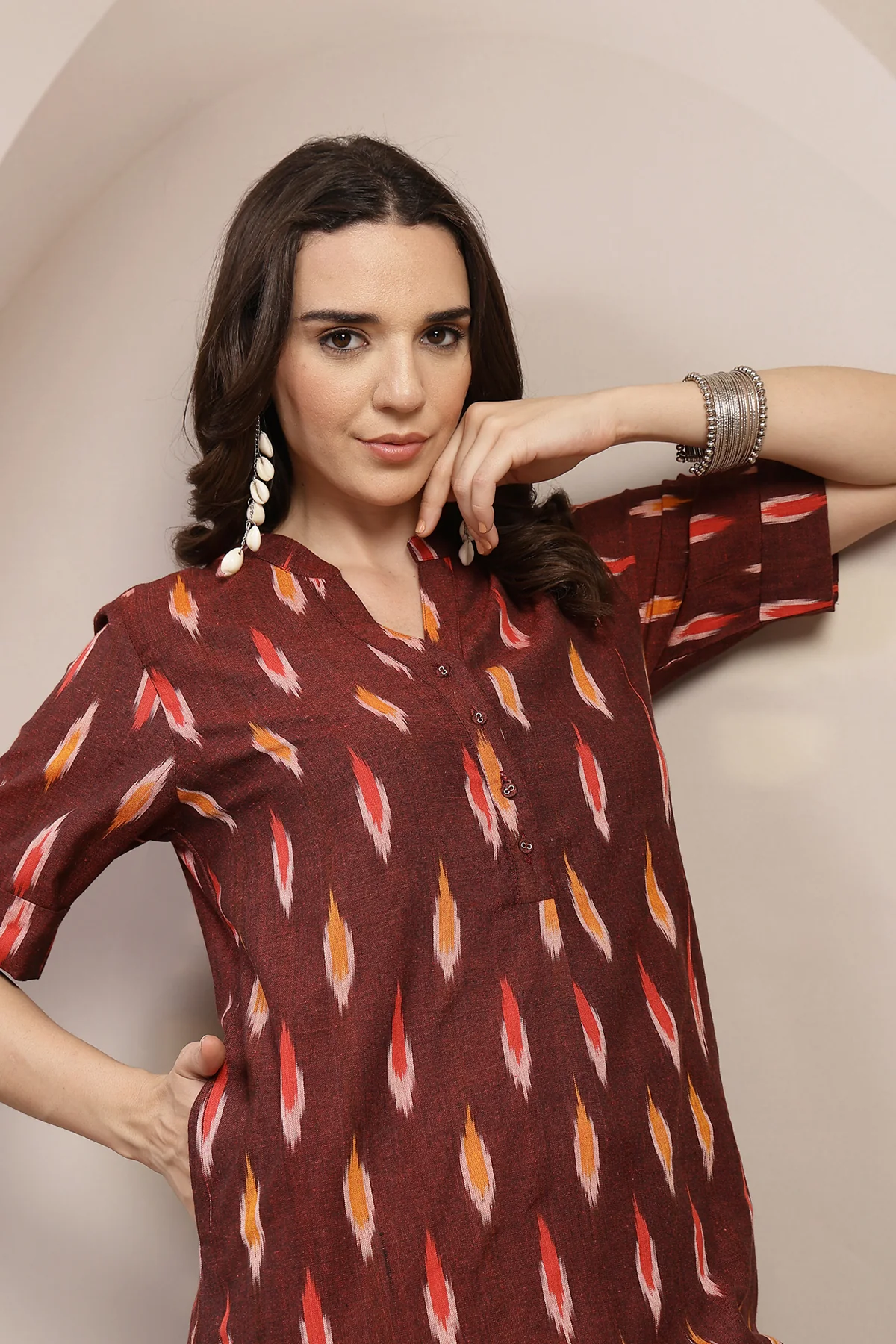 Ikat Zipless Maternity Kurta - Maroon - Image 8