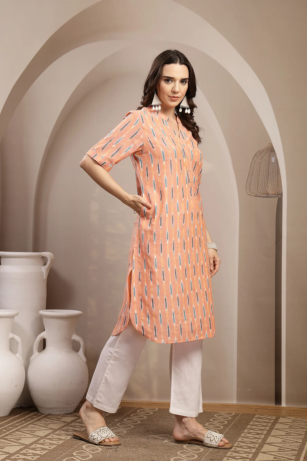 Ikat Zipless Maternity Kurta - Peach - Image 5